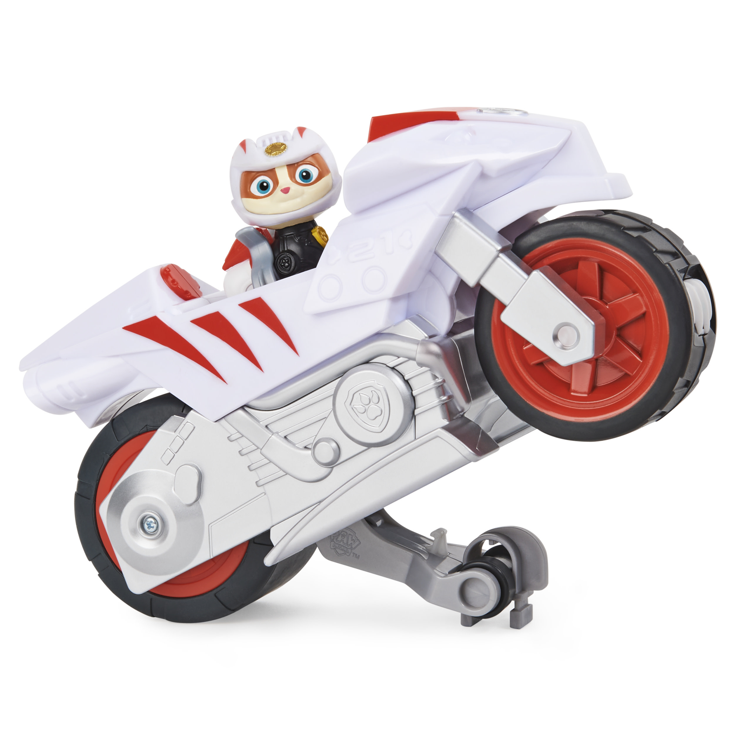Spielzeugmotorrad mit Hundefigur. Weiß und rot.