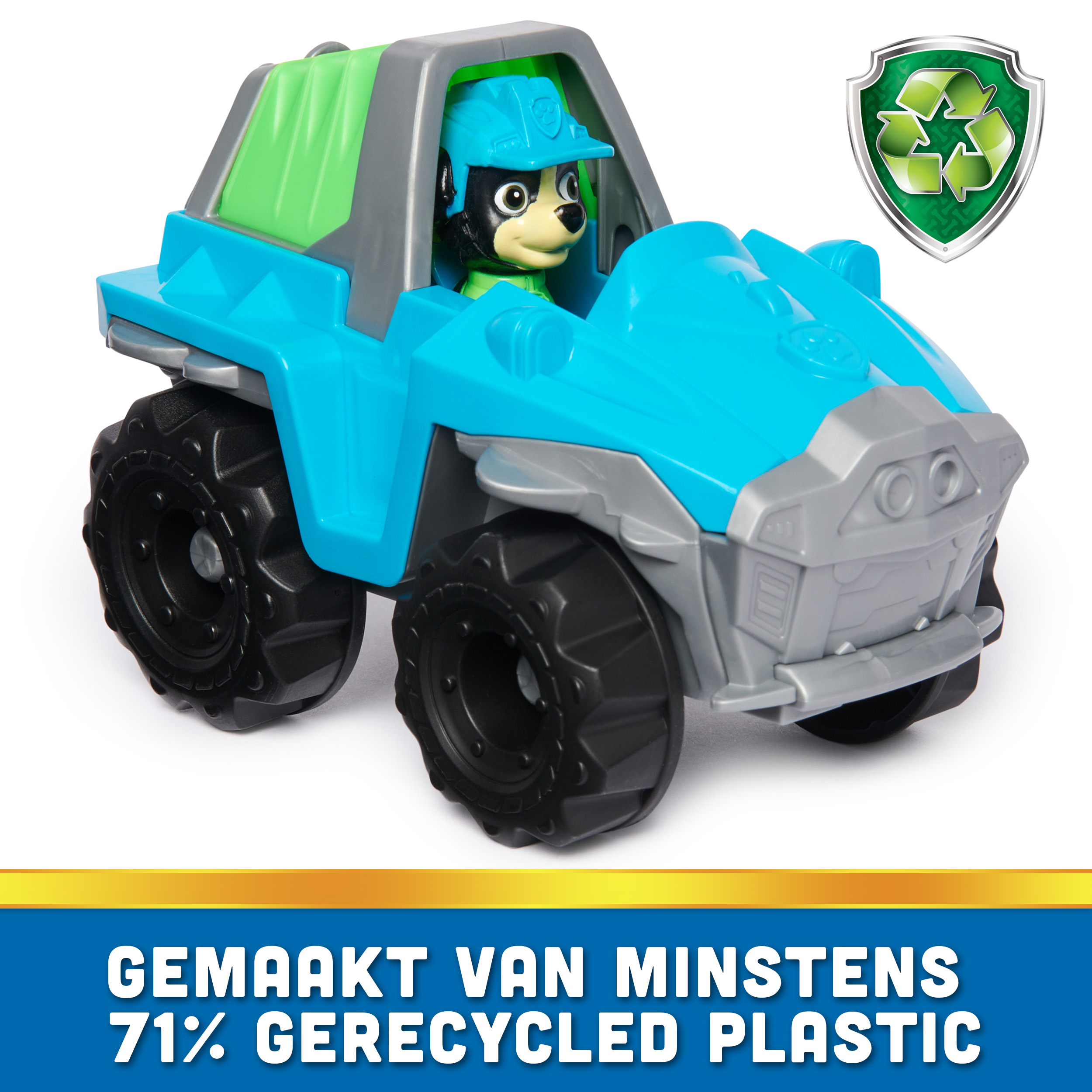 Blauer Paw Patrol Spielzeug-Truck mit Hund, aus recyceltem Kunststoff.