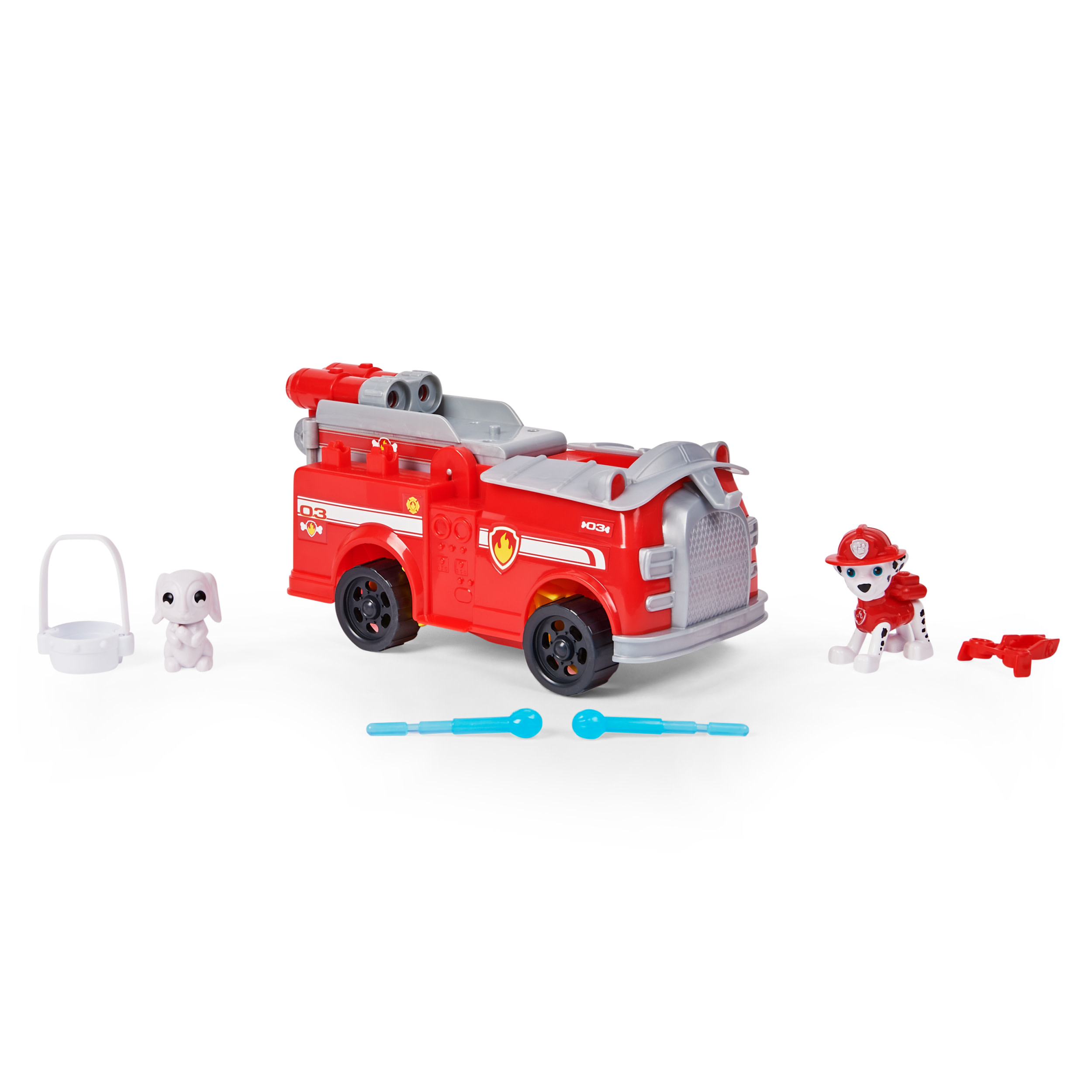 Rotes Feuerwehrauto-Spielzeug mit Marshall und einer Welpenfigur. Zusätzliches Zubehör ist ebenfalls vorhanden.
