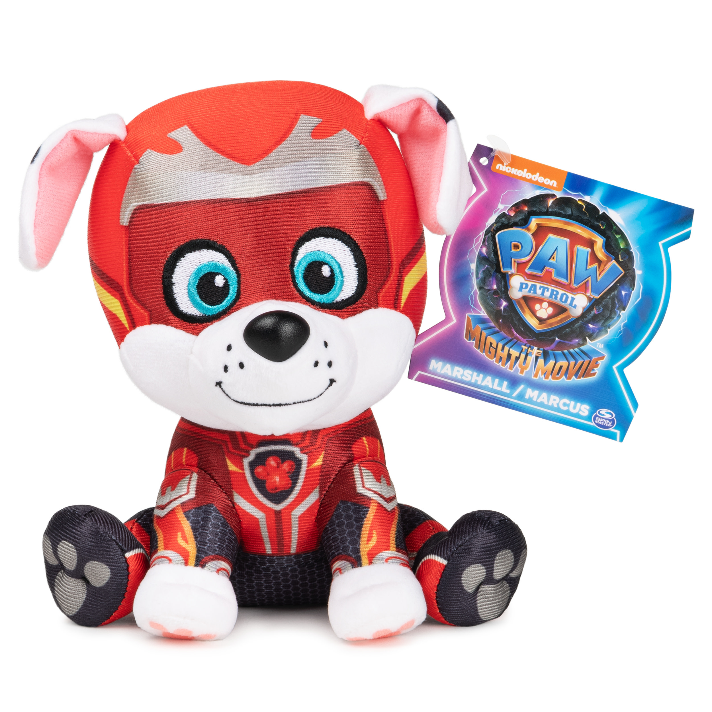 Un peluche del personaje de Paw Patrol, Marshall, con uniforme rojo y etiqueta.