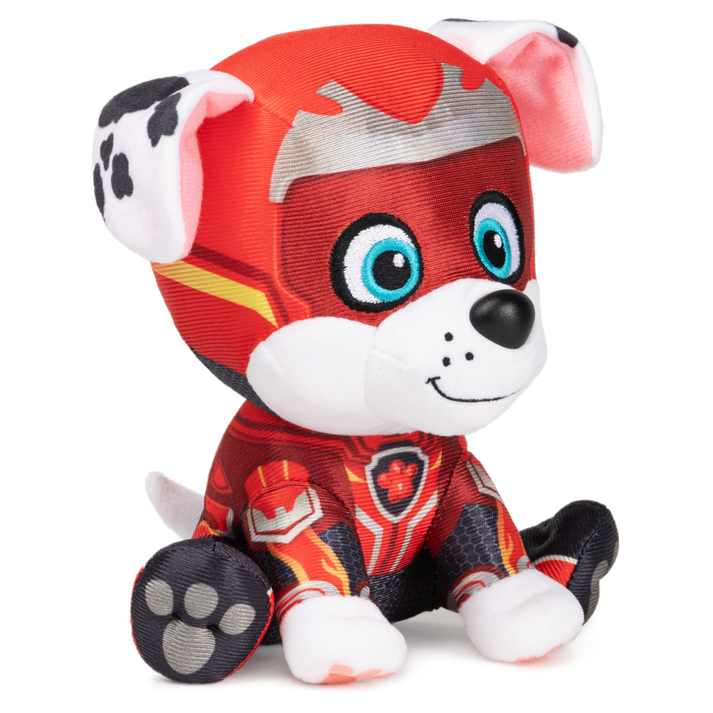 Peluche de Marshall de Paw Patrol con uniforme rojo y amarillo, sentado.