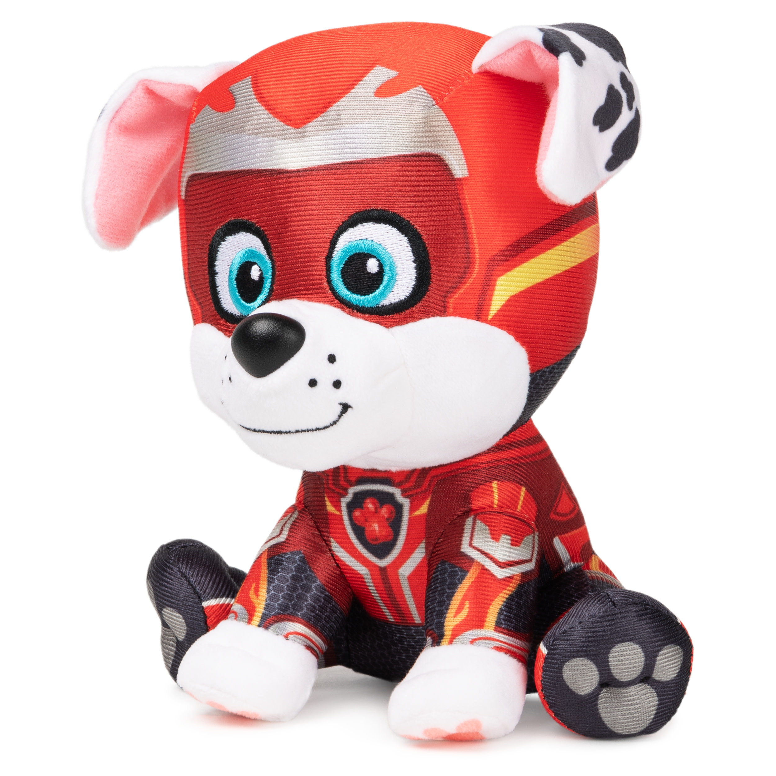 Un peluche de Marshall de la Patrulla Canina con un traje de bombero rojo y amarillo, sentado.