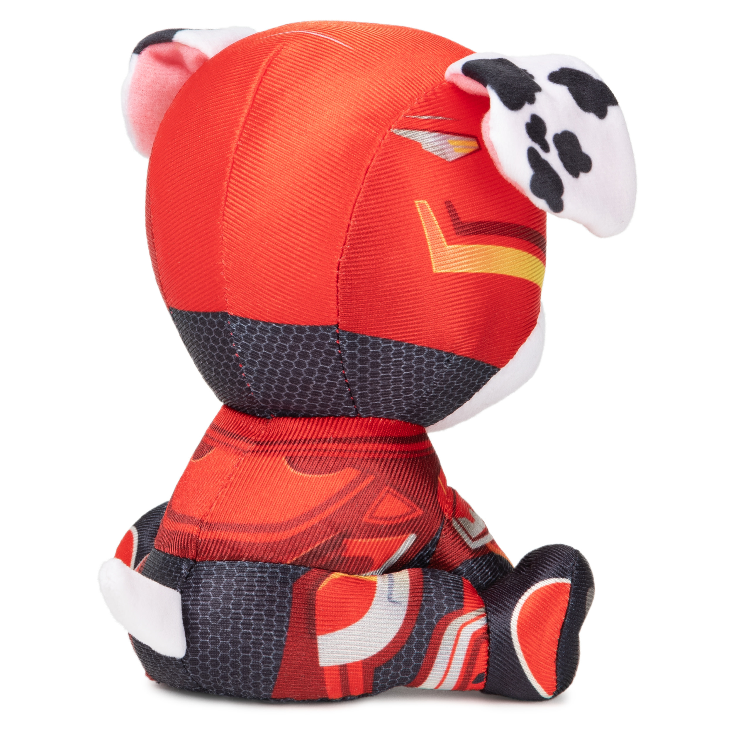 Marshall de Paw Patrol peluche, uniforme rojo, orejas blancas y manchas negras.
