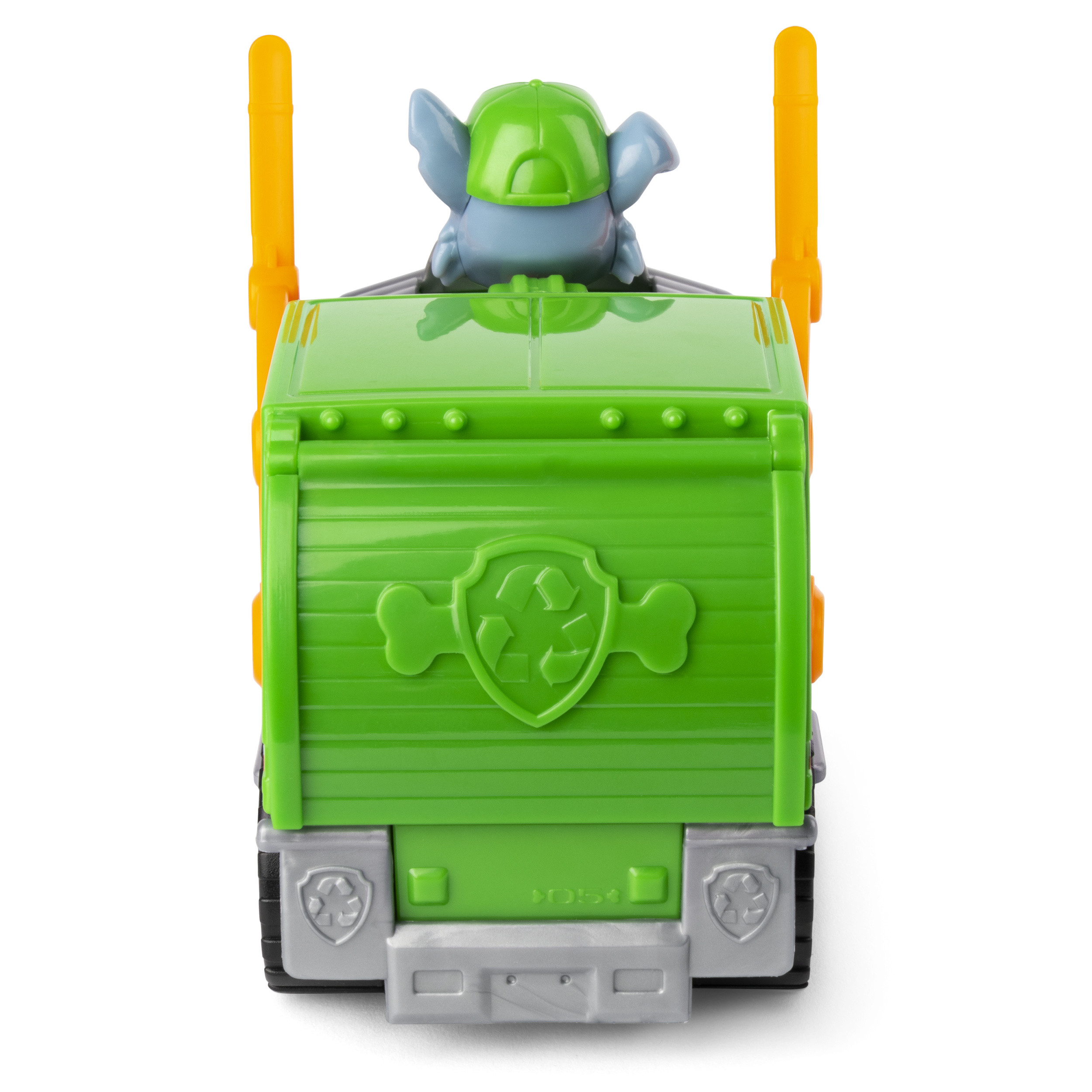 Un camión de juguete verde de Paw Patrol, con una figura de cachorro, un logotipo de reciclaje y barras naranjas.
