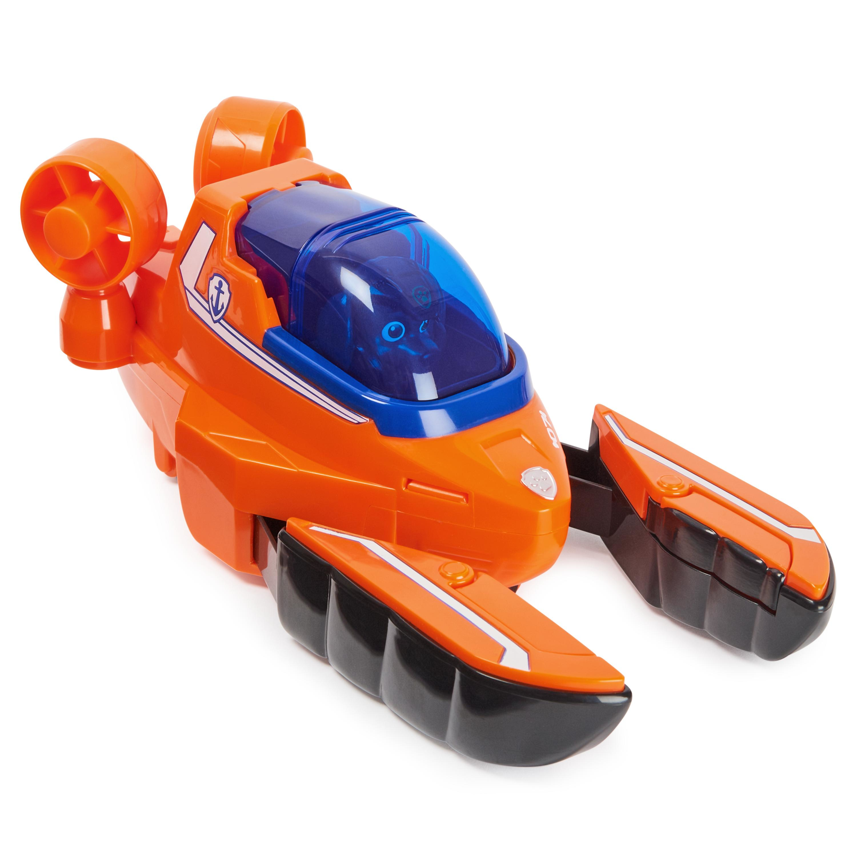 Un hovercraft giocattolo arancione con finestre blu ed eliche. Ha accenti in bianco e nero.
