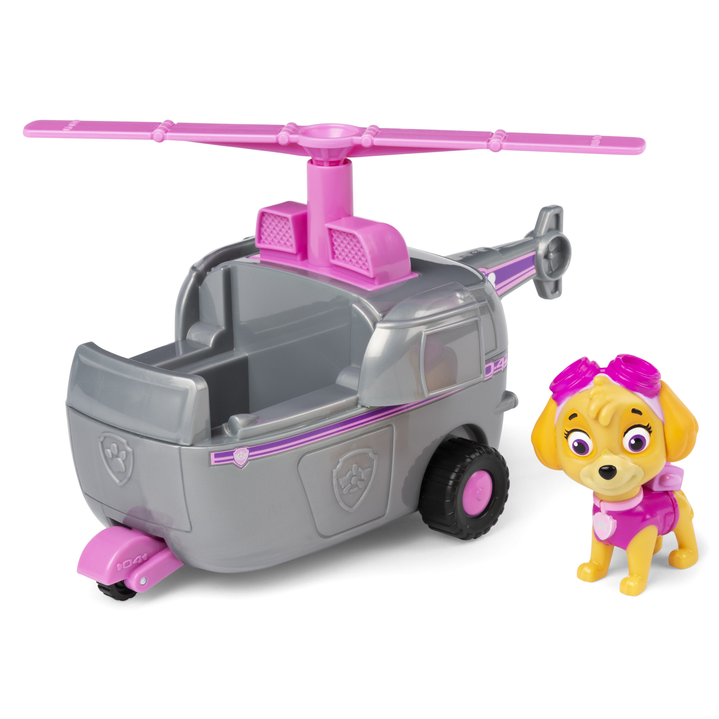 Spielzeug-Hubschrauber und Skye-Figur von Paw Patrol. Weißer Hintergrund. Rosa Akzente.
