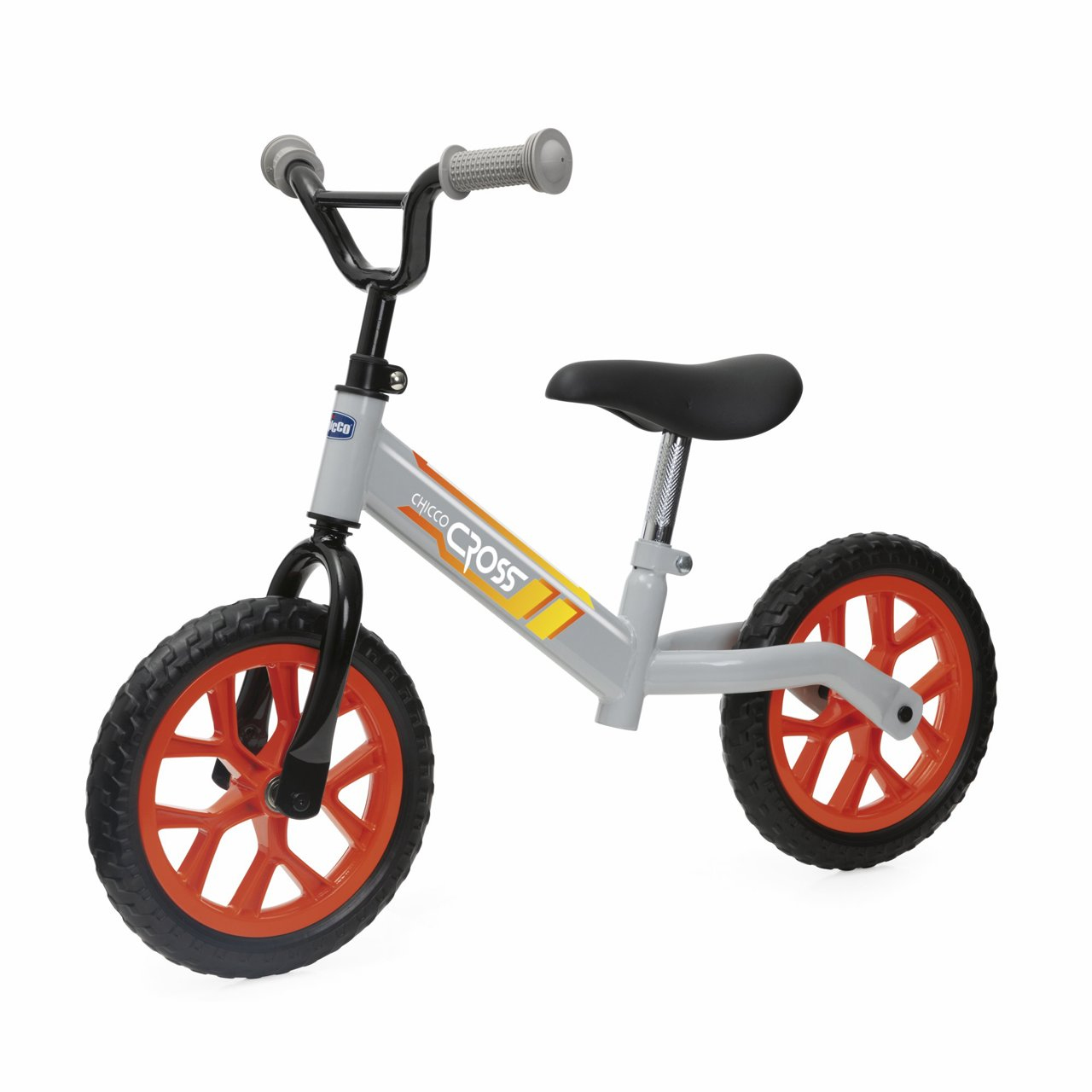 Ein grau-oranges Laufrad, vor weißem Hintergrund, ideal für kleine Kinder.