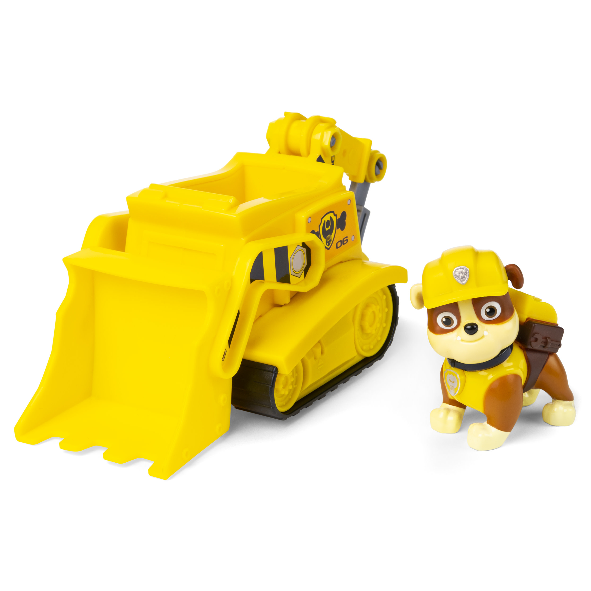 Paw Patrol Spielzeug: gelber Bagger und ein brauner Hund in gelber Bauweste.