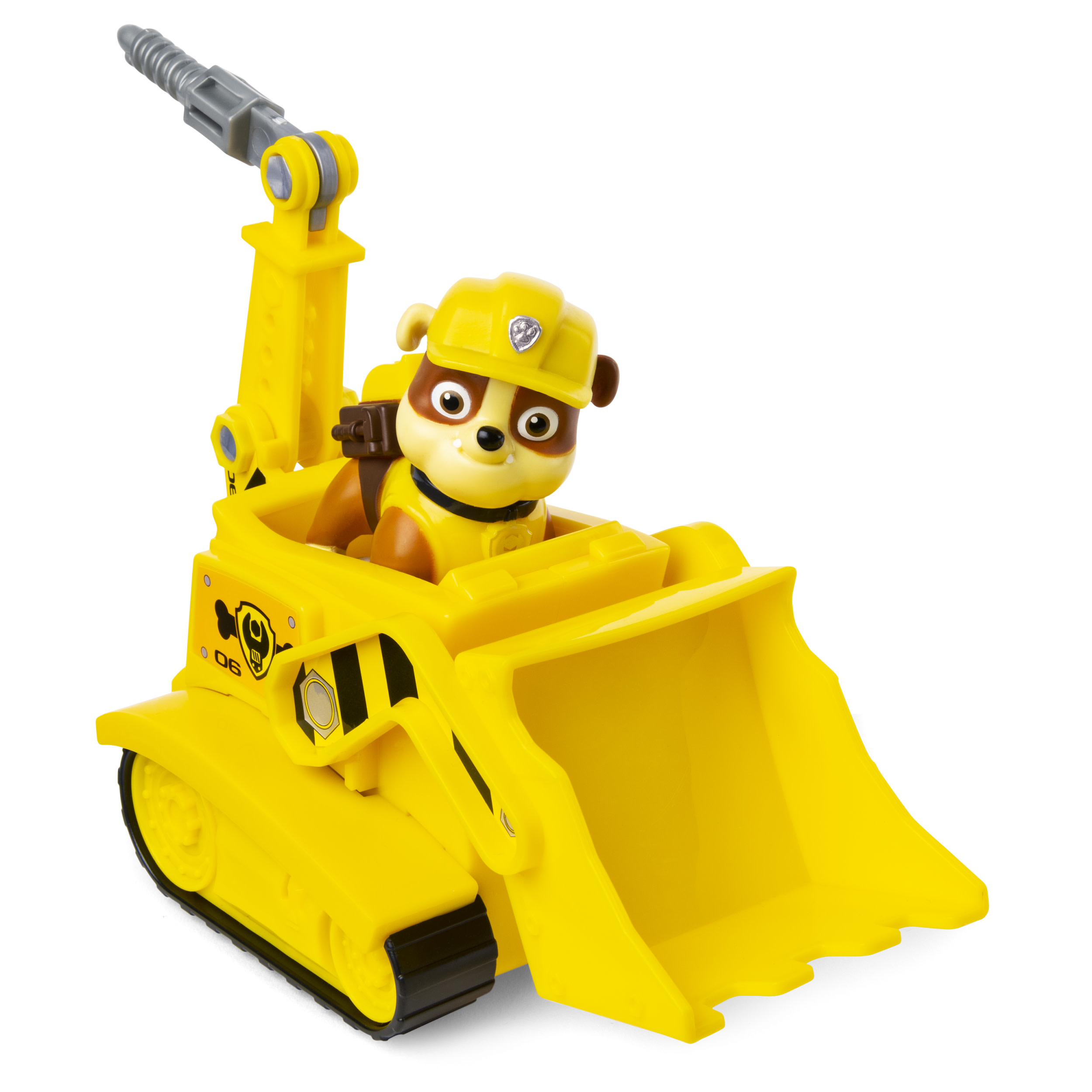 Ein gelber Spielzeugbagger mit einer Paw Patrol Figur als Fahrer. Der Hund trägt einen gelben Helm.