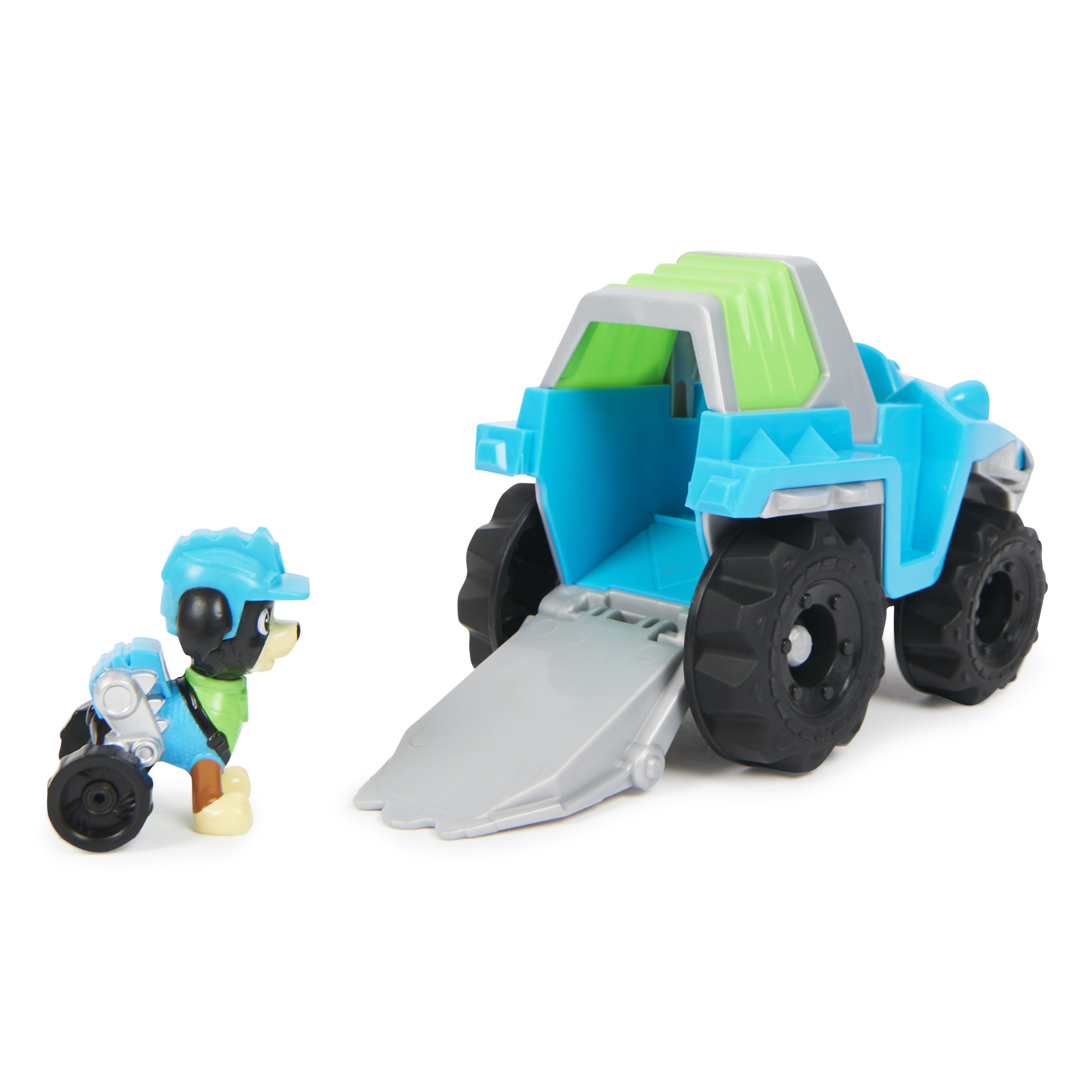 Paw Patrol Spielzeug: Ein blauer Truck mit Hund und Ausrüstung. Das Spielzeug auf weißem Grund.