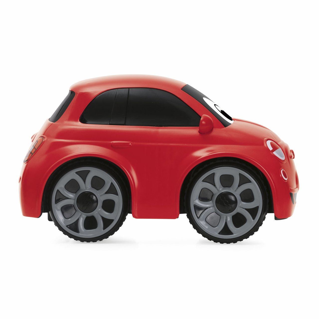 Ein rotes Spielzeugauto mit grauen Rädern, von der Seite gesehen.