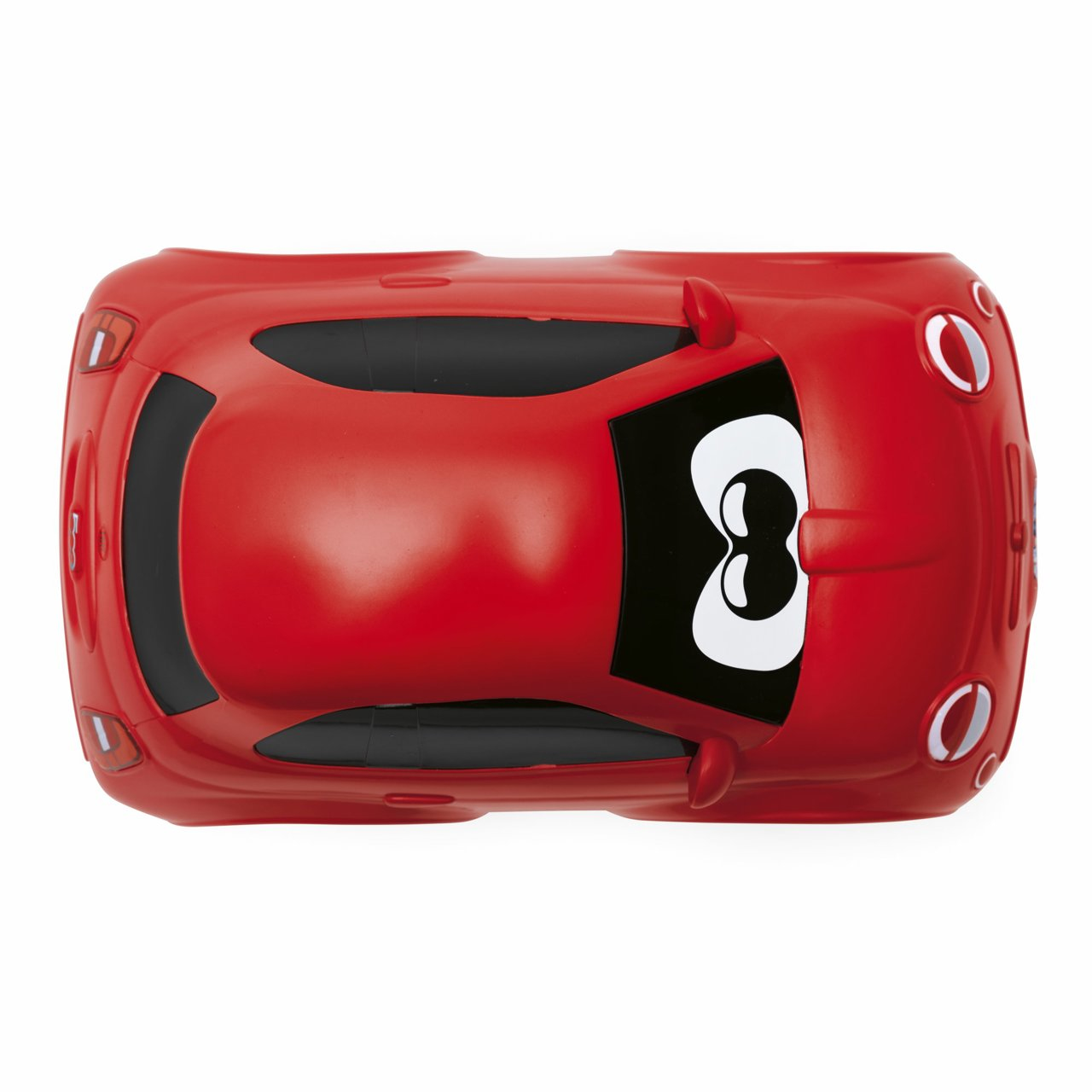 Rotes Spielzeugauto, Draufsicht. Merkmale: große weiße Augen vorne, schwarze Details.