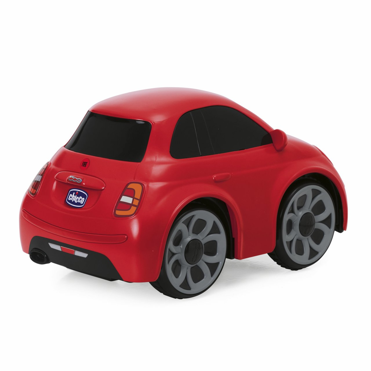 Rotes Spielzeugauto mit schwarzem Dach und grauen Rädern auf weißem Hintergrund.