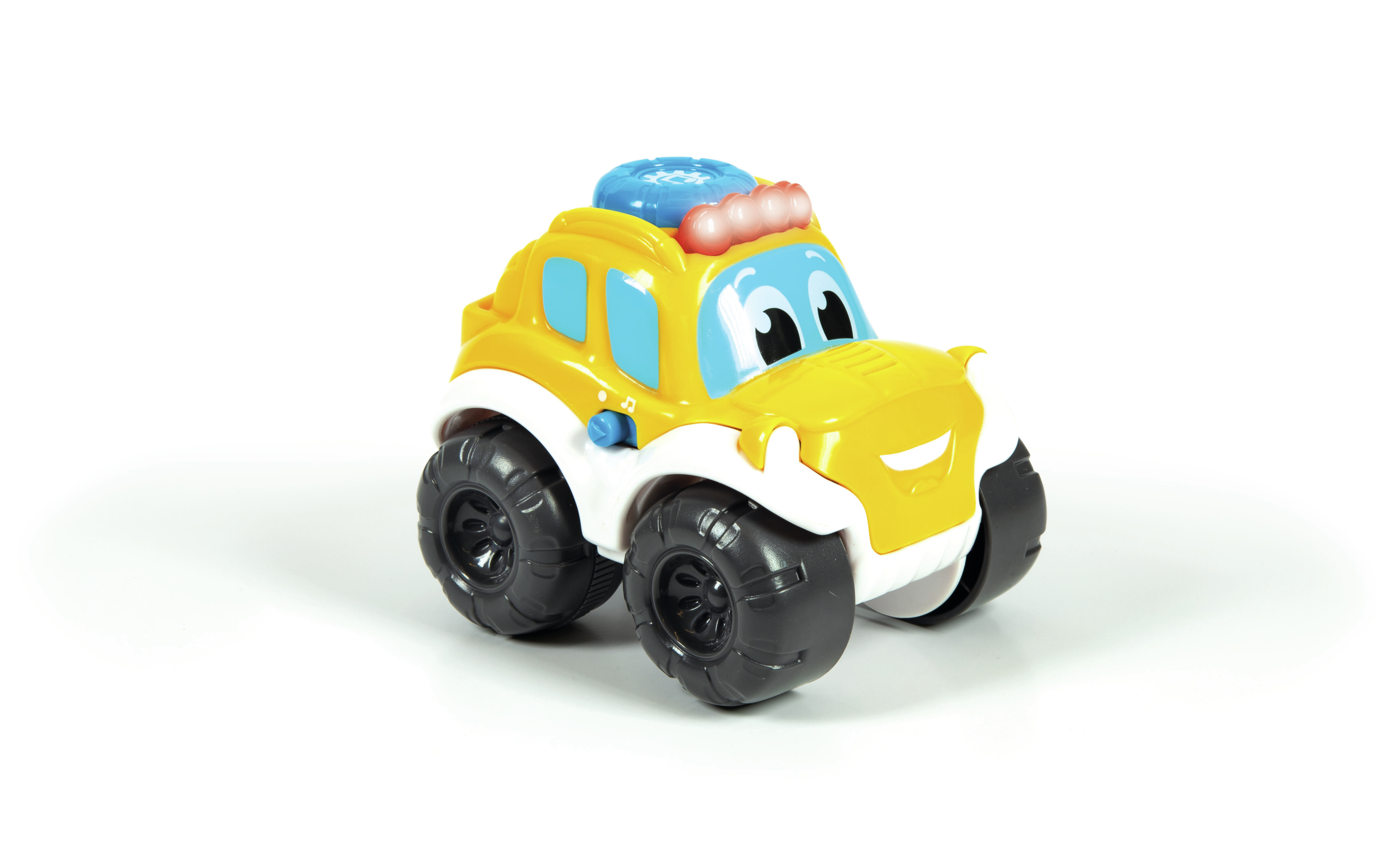 Ein gelbes Spielzeugauto mit großen schwarzen Reifen, einem lächelnden Gesicht und einem blauen Licht oben drauf.