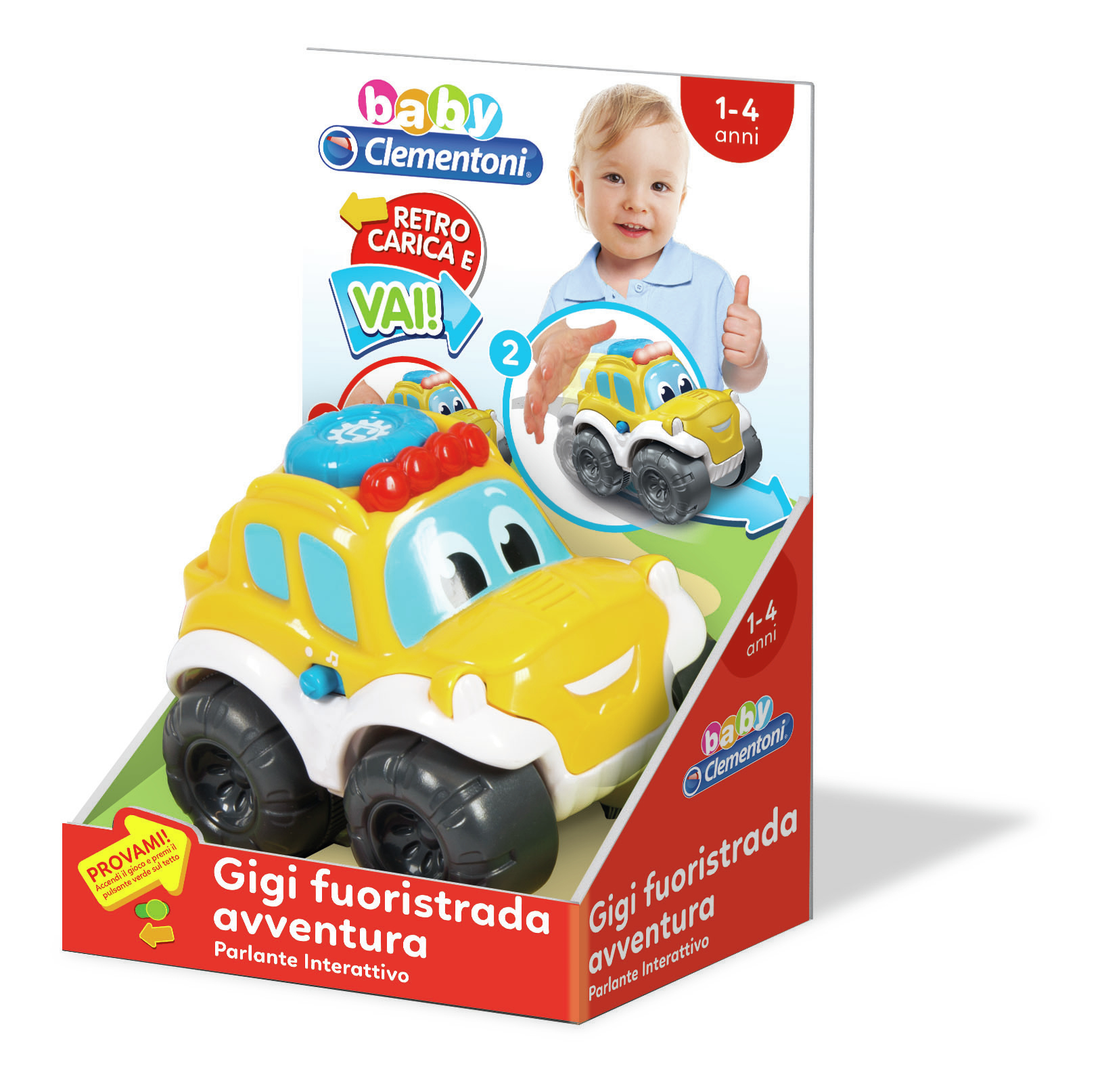 Spielzeugauto für Kleinkinder, gelb mit blauen Akzenten. Box zeigt Kind mit Daumen hoch.