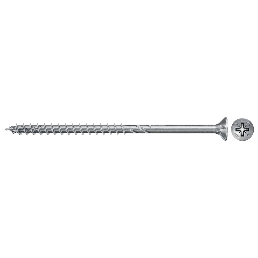 Srebrna śruba z główką w kształcie krzyża. Śruba jest długa i ma gwint spiralny.