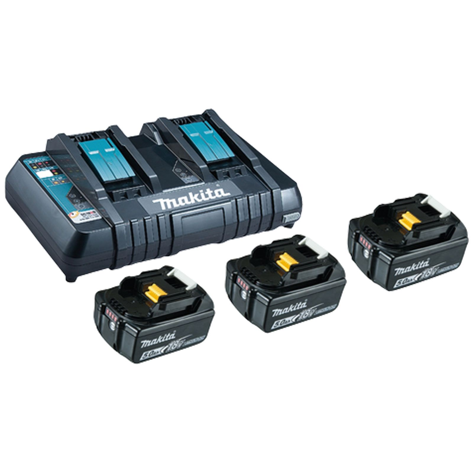 Ein Ladegerät mit drei Batterien, schwarz und türkis.