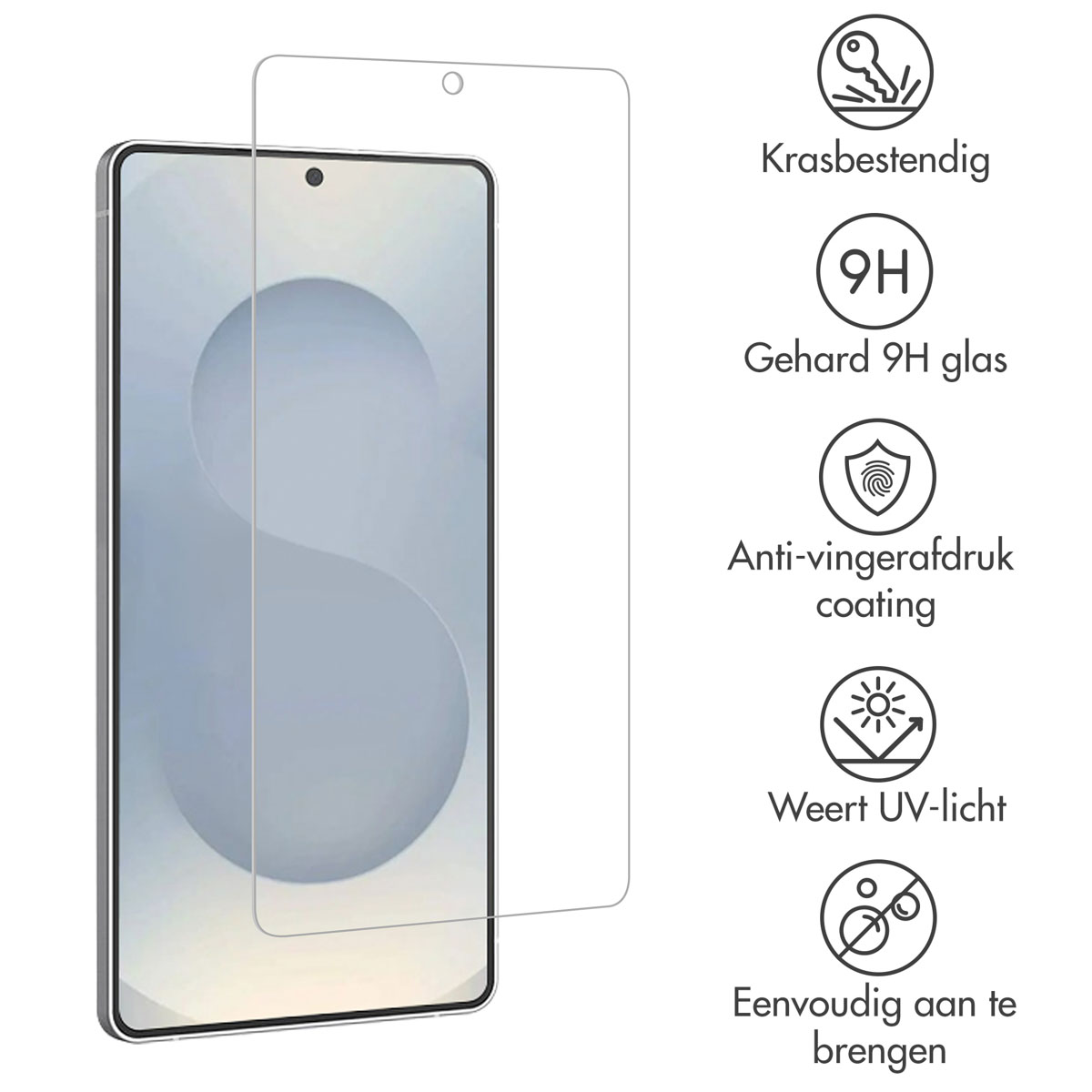 Smartphone con protezione schermo applicata, vetro trasparente. Icone: antigraffio, vetro 9H.