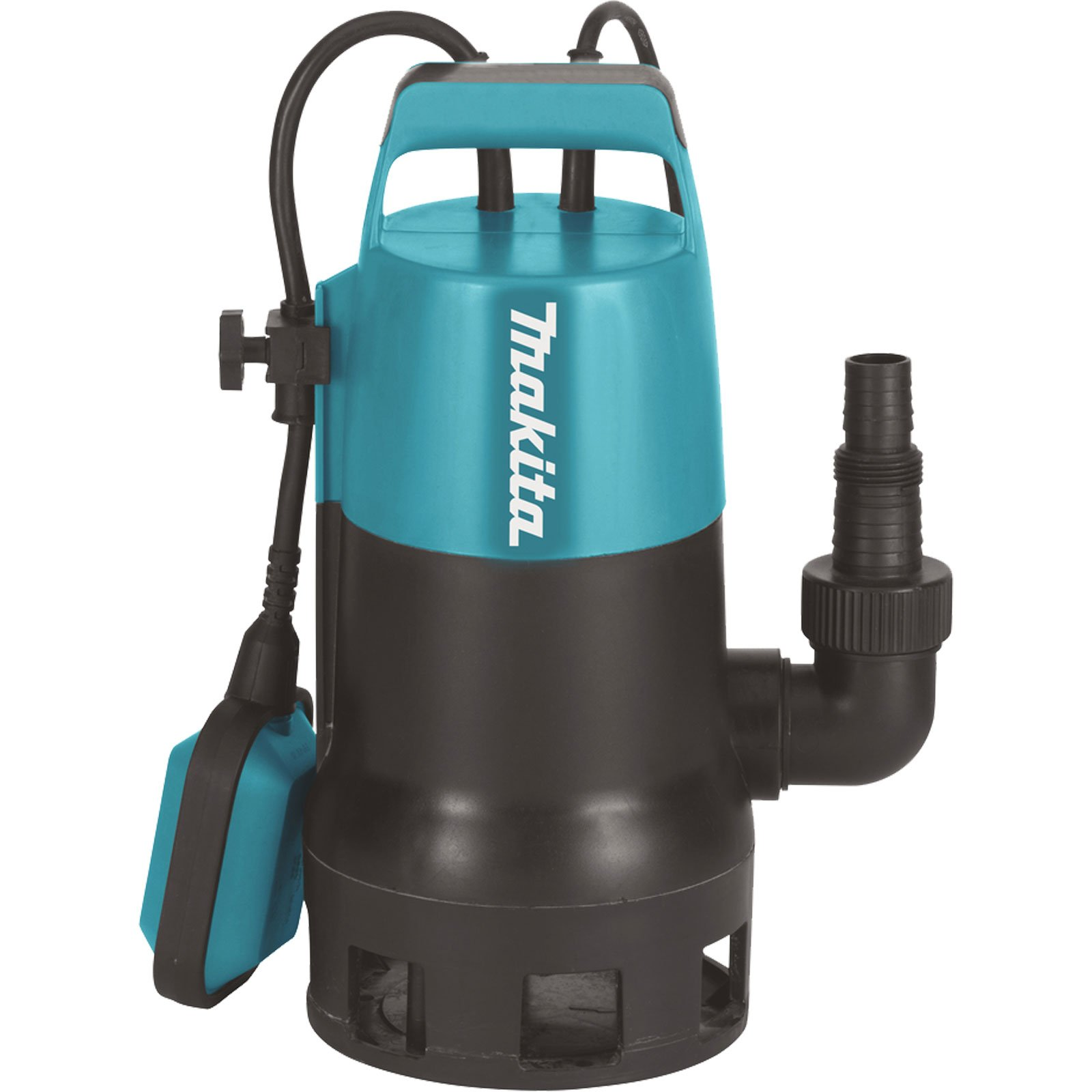 Blaue und schwarze Makita Tauchpumpe. Schwarzer Schlauch. Weißer Hintergrund.