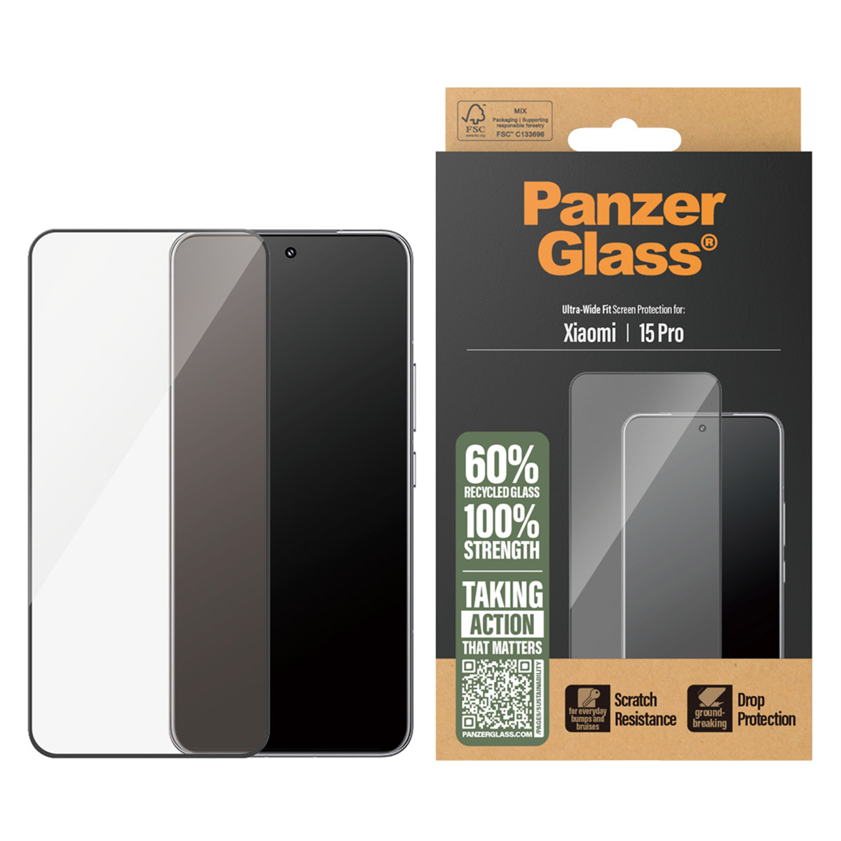 Un telefono con due protezioni schermo e una scatola 'Panzer Glass' con informazioni di protezione.