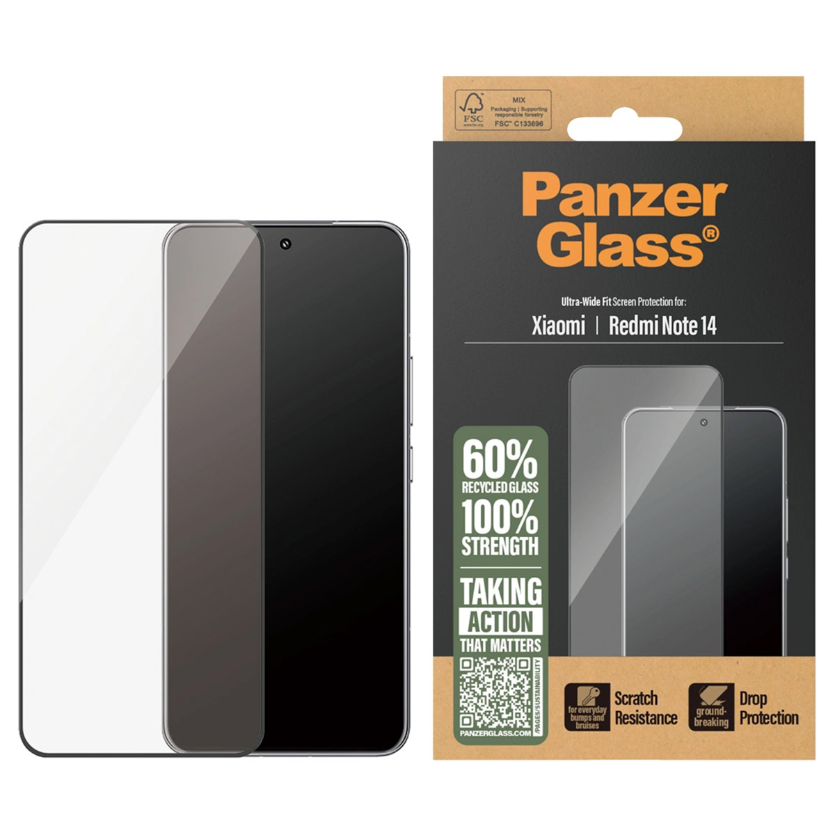 Een smartphone screenprotector en verpakking, met een telefoonafbeelding en productinfo.