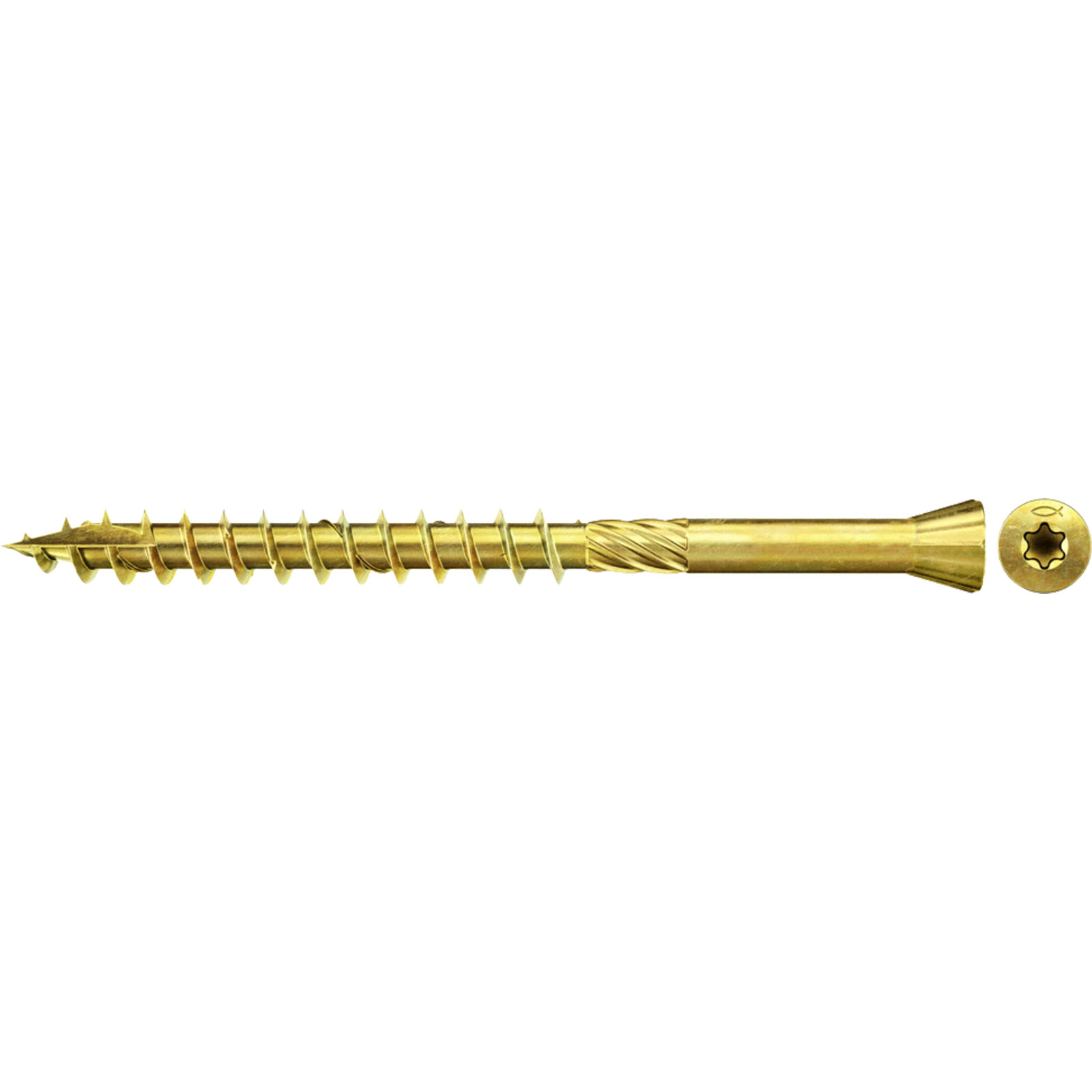 Eine lange, goldfarbene Schraube mit Sternkopf.