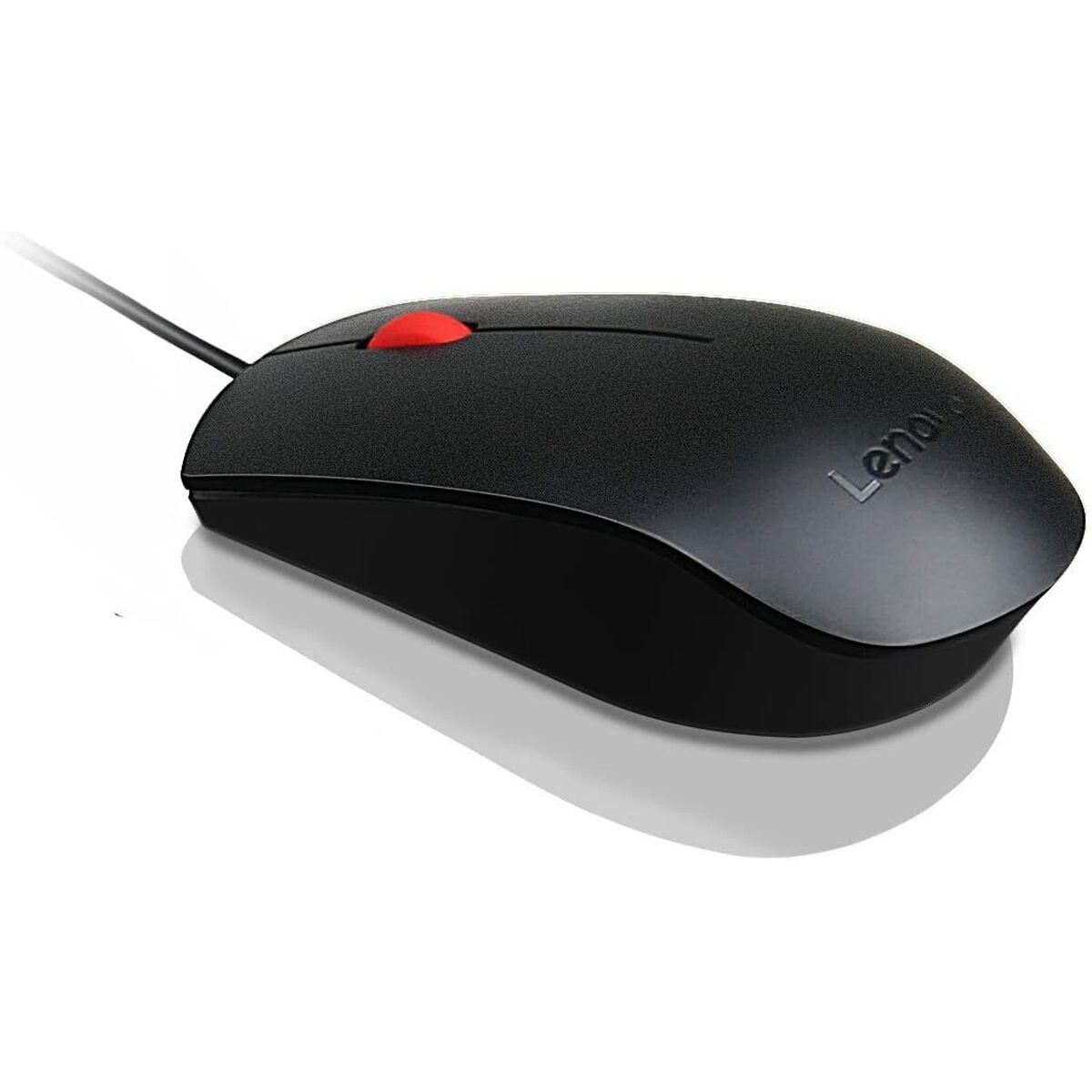 Ratón de ordenador negro con rueda de desplazamiento roja. Está sobre una superficie blanca.