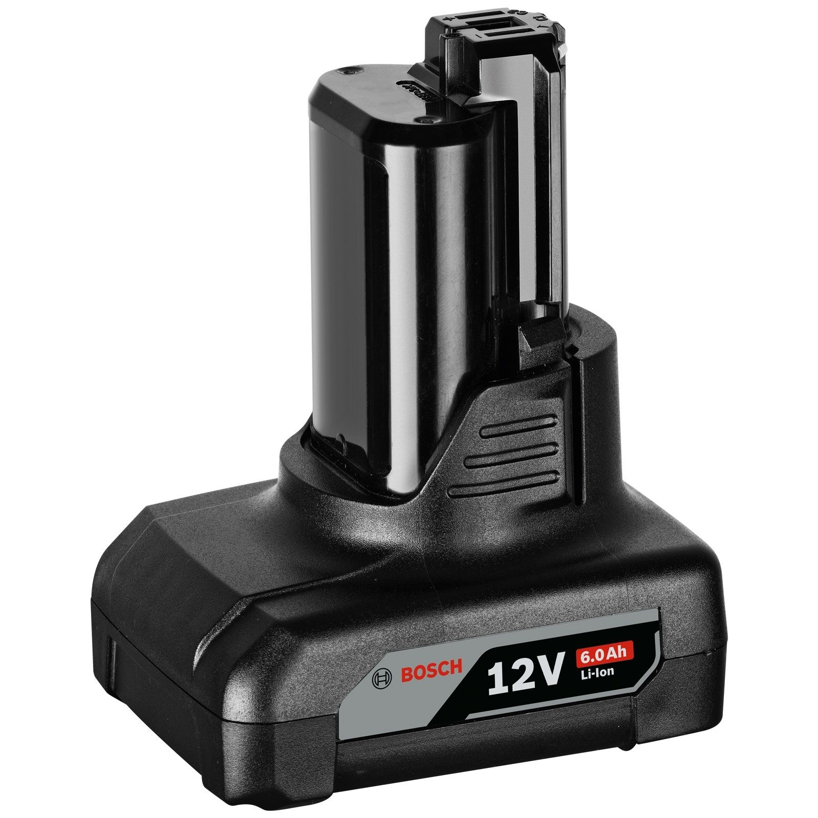Schwarze 12V Batterie mit schwarzer Basis.