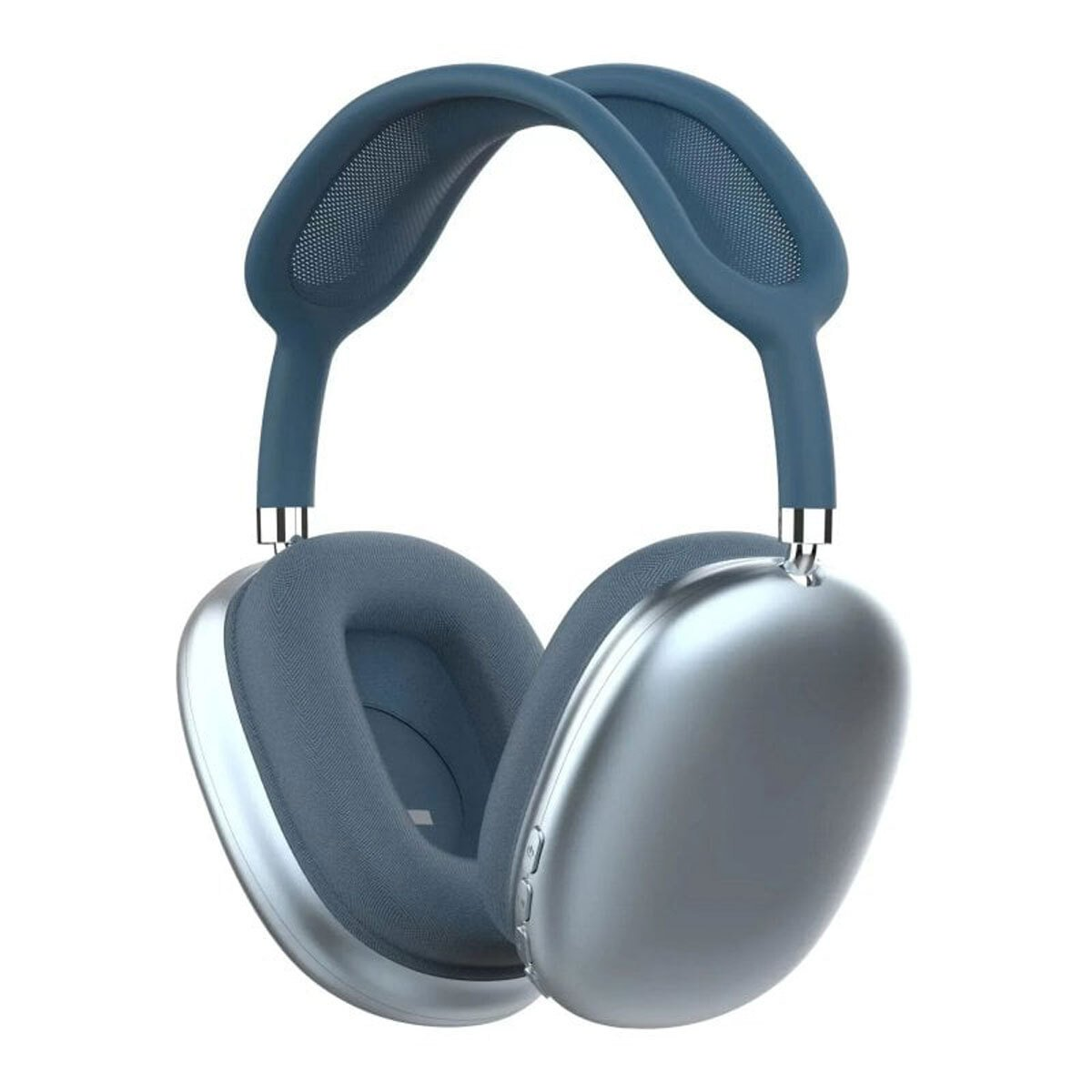 Cuffie blu con padiglioni metallici, sfondo bianco.