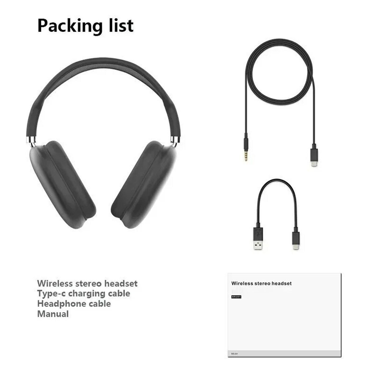 Auriculares, cables y un manual sobre fondo blanco, etiquetado 'Lista de embalaje'.