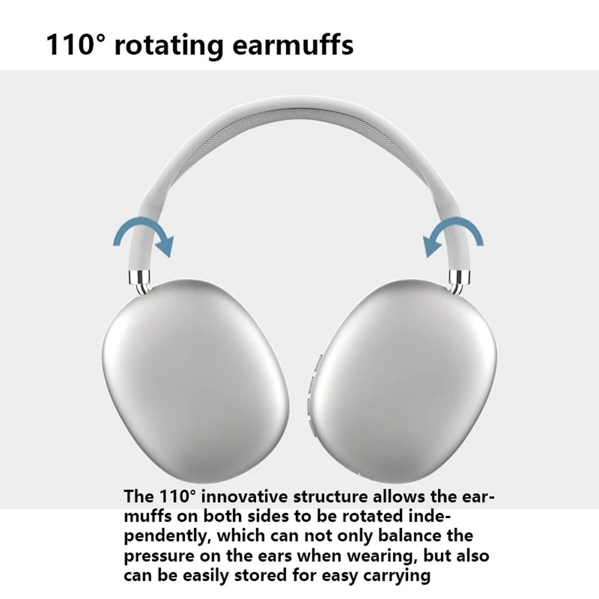Auriculares blancos con orejeras giratorias y descripción.