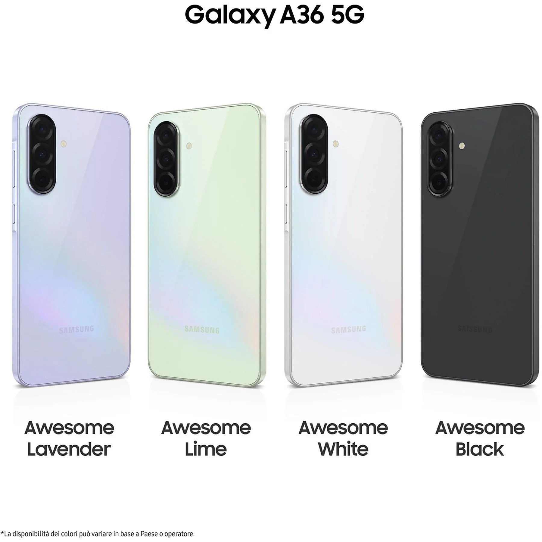 Cuatro teléfonos inteligentes en colores Asombrosos: Lavanda, Lima, Blanco y Negro, con nombres de productos.
