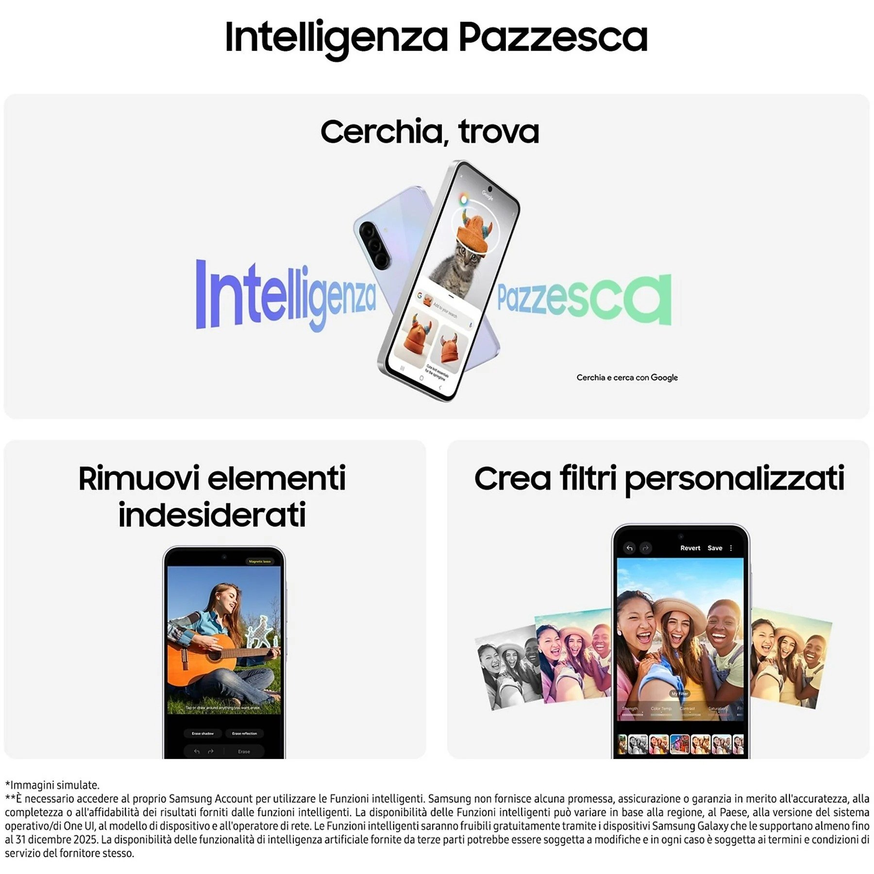 Pubblicità su un telefono con funzioni. Include immagini del telefono e testo su sfondo bianco.