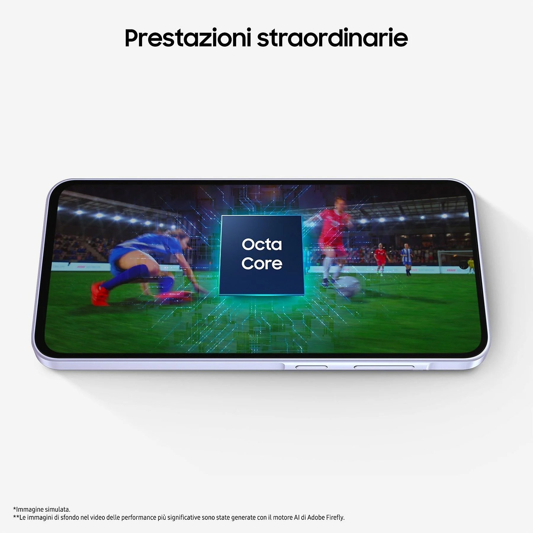 Smartphone che mostra una partita di calcio con un giocatore che cade. Logo Octa Core visibile.