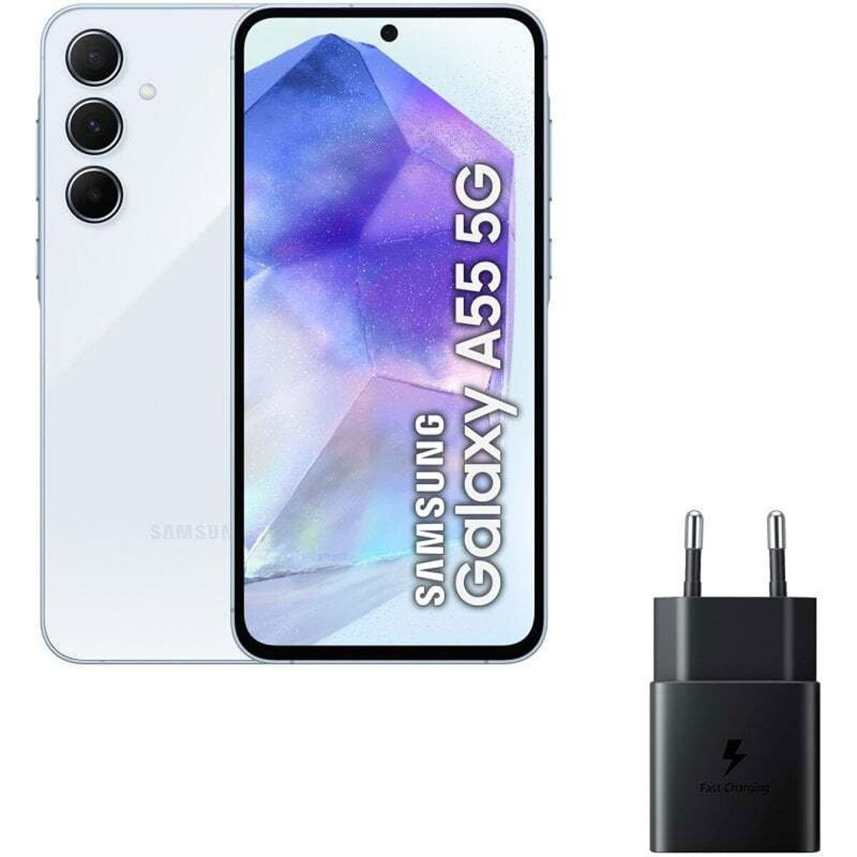 Telefono bianco Samsung Galaxy A55 5G con caricabatterie, su sfondo bianco.