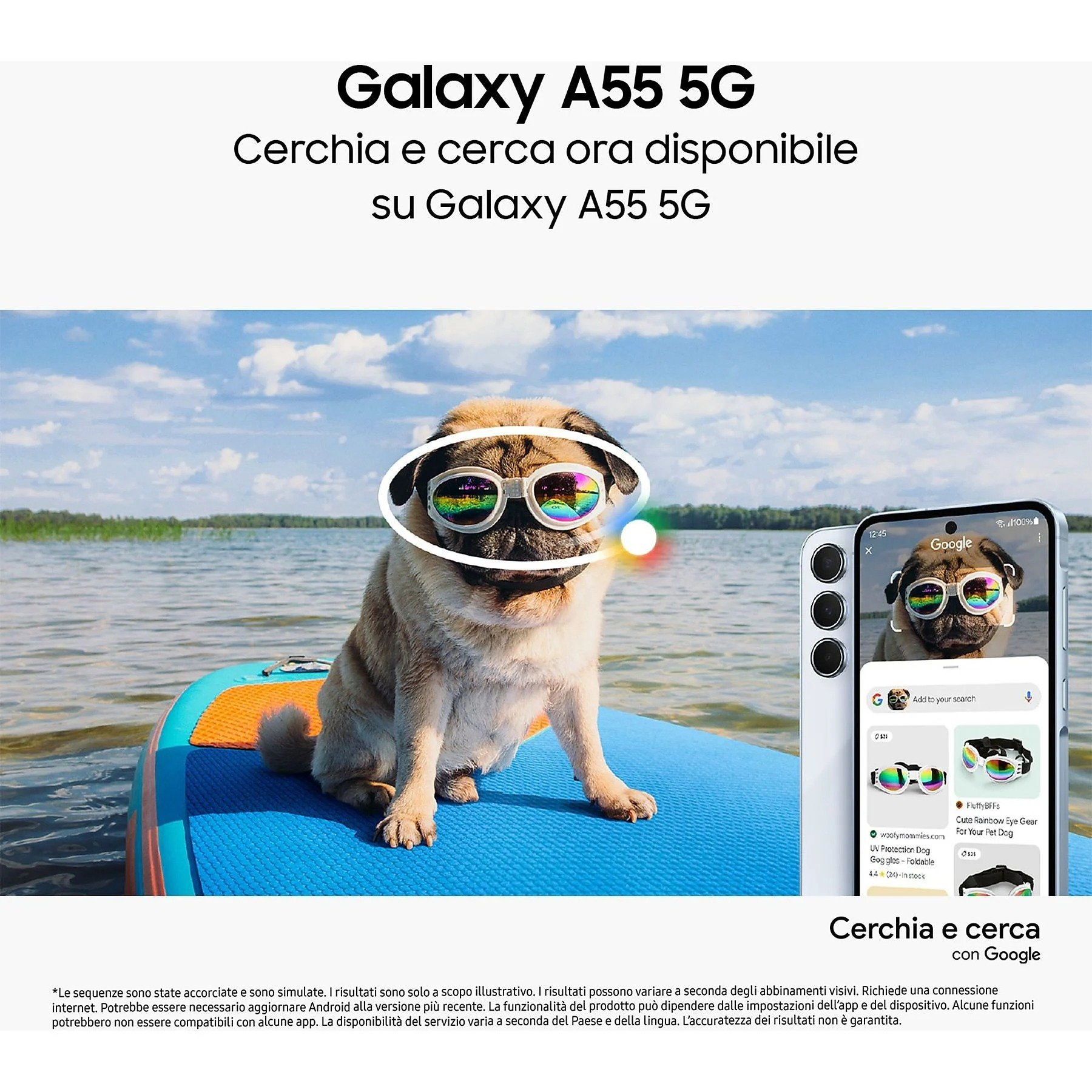 Un perro pug con gafas. El texto en un teléfono muestra una búsqueda del perro con las gafas.