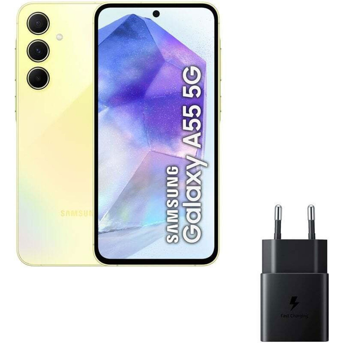 Un telefono giallo Samsung Galaxy A55 5G con caricabatterie, isolato su bianco. Il telefono ha uno schermo.