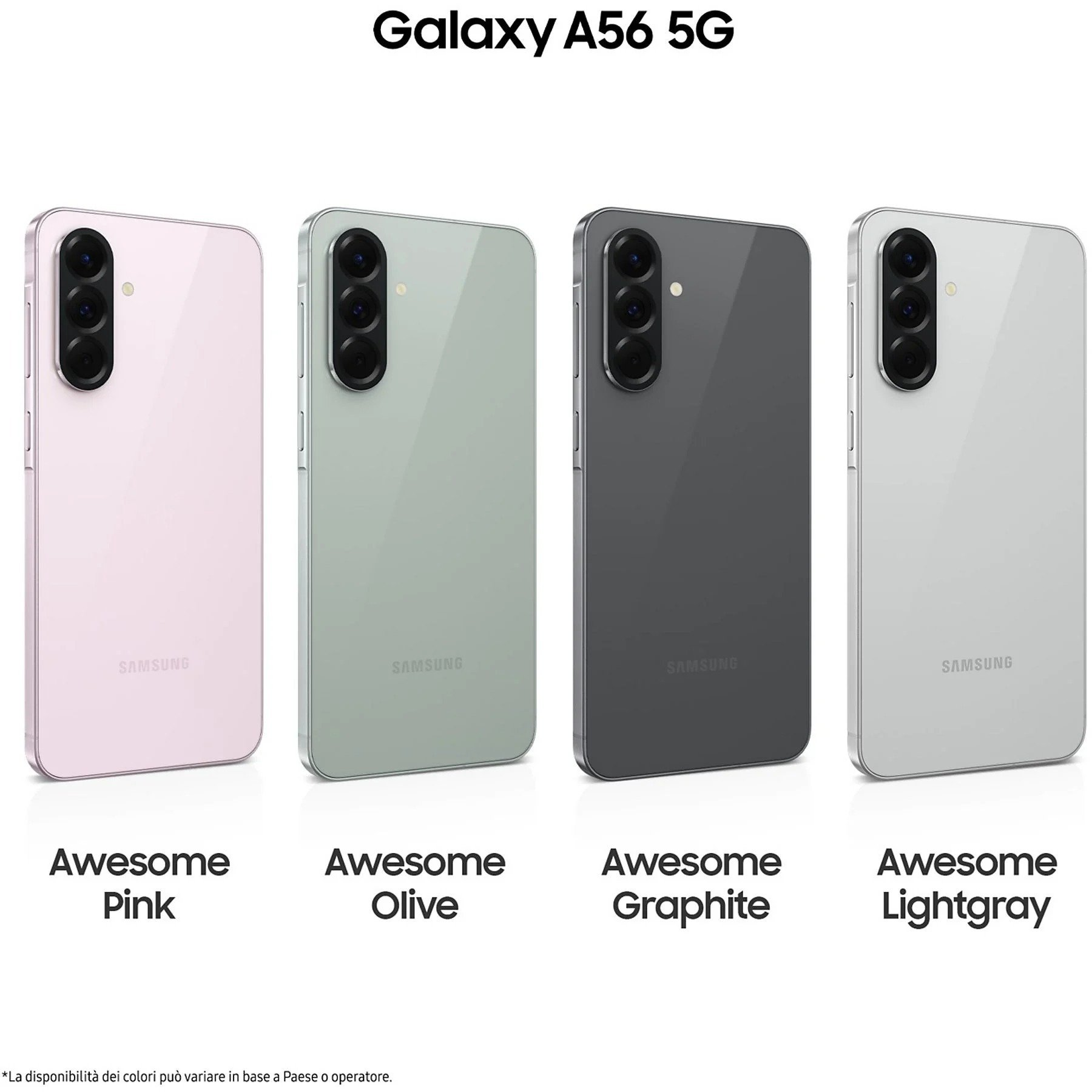 Cztery telefony Samsung Galaxy A56 5G w kolorach różowym, oliwkowym, grafitowym i jasnoszarym. Każdy telefon ma trzy aparaty.