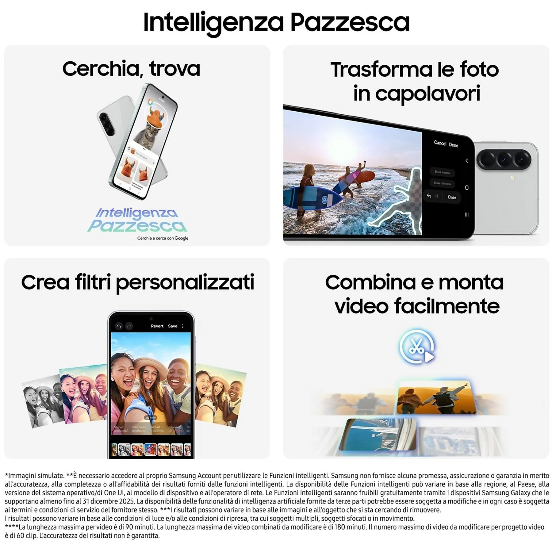 Obraz to grafika promocyjna Samsunga, pokazująca funkcje takie jak edycja zdjęć i inteligentne wyszukiwanie w telefonach.