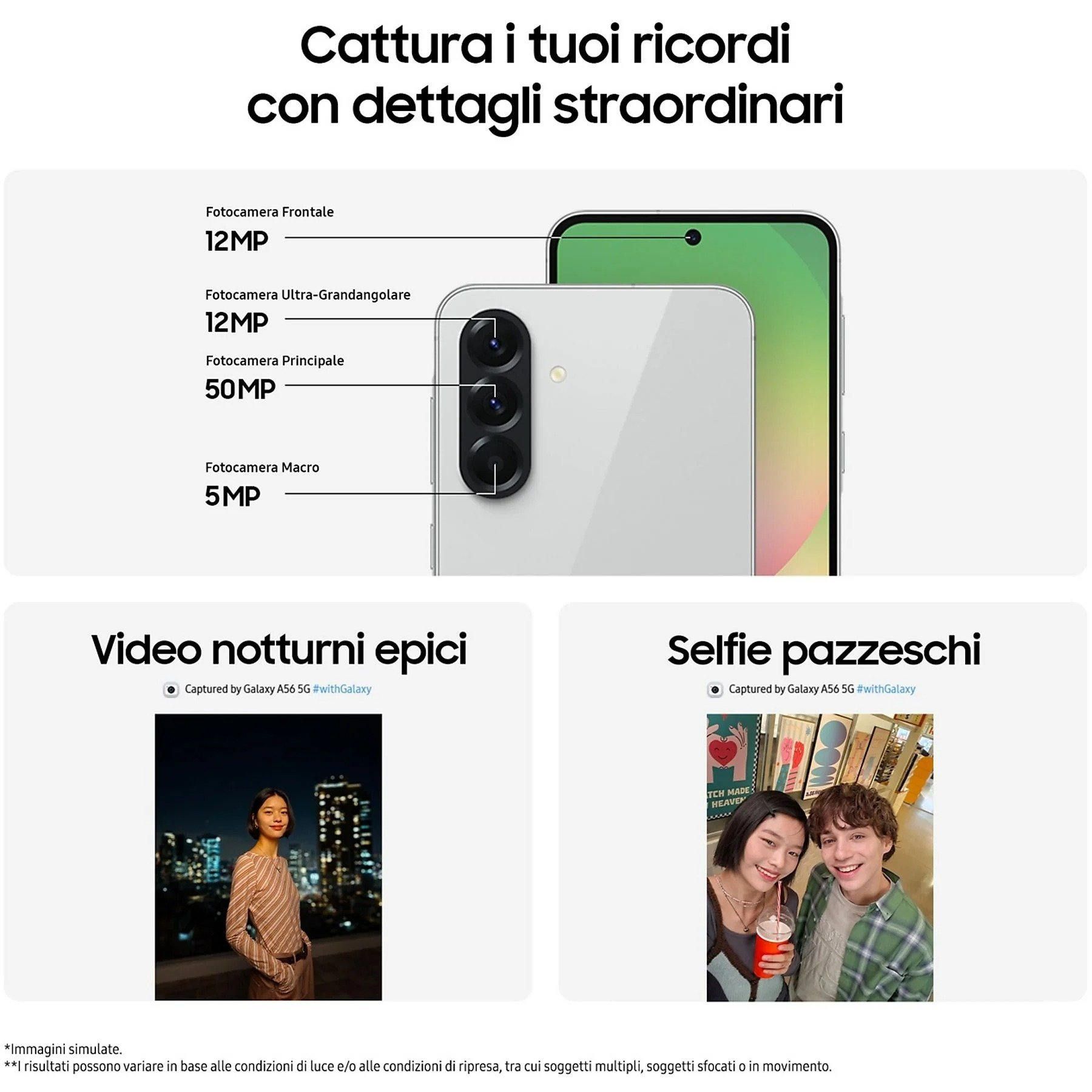 Biały telefon z wieloma aparatami. Tekst podkreśla funkcje aparatu. Dwa zdjęcia przedstawiają ludzi, jedno w nocy, drugie selfie.