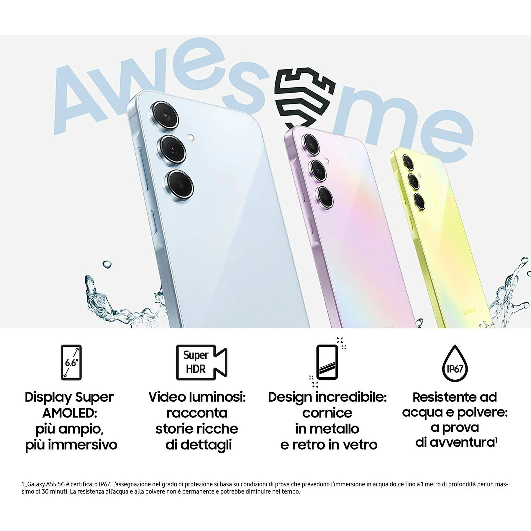 Tres teléfonos inteligentes, azul, rosa y amarillo, con iconos que describen características y la palabra 'Awesome'.