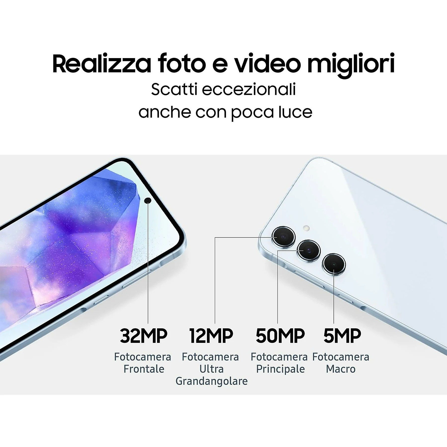 Teléfono blanco con especificaciones de cámara. Texto: 32MP, 12MP, 50MP, 5MP.