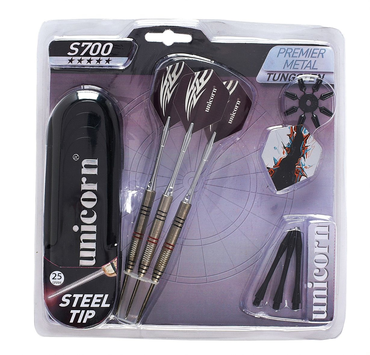 Dartsset in plastic verpakking, inclusief darts, extra punten en etui.