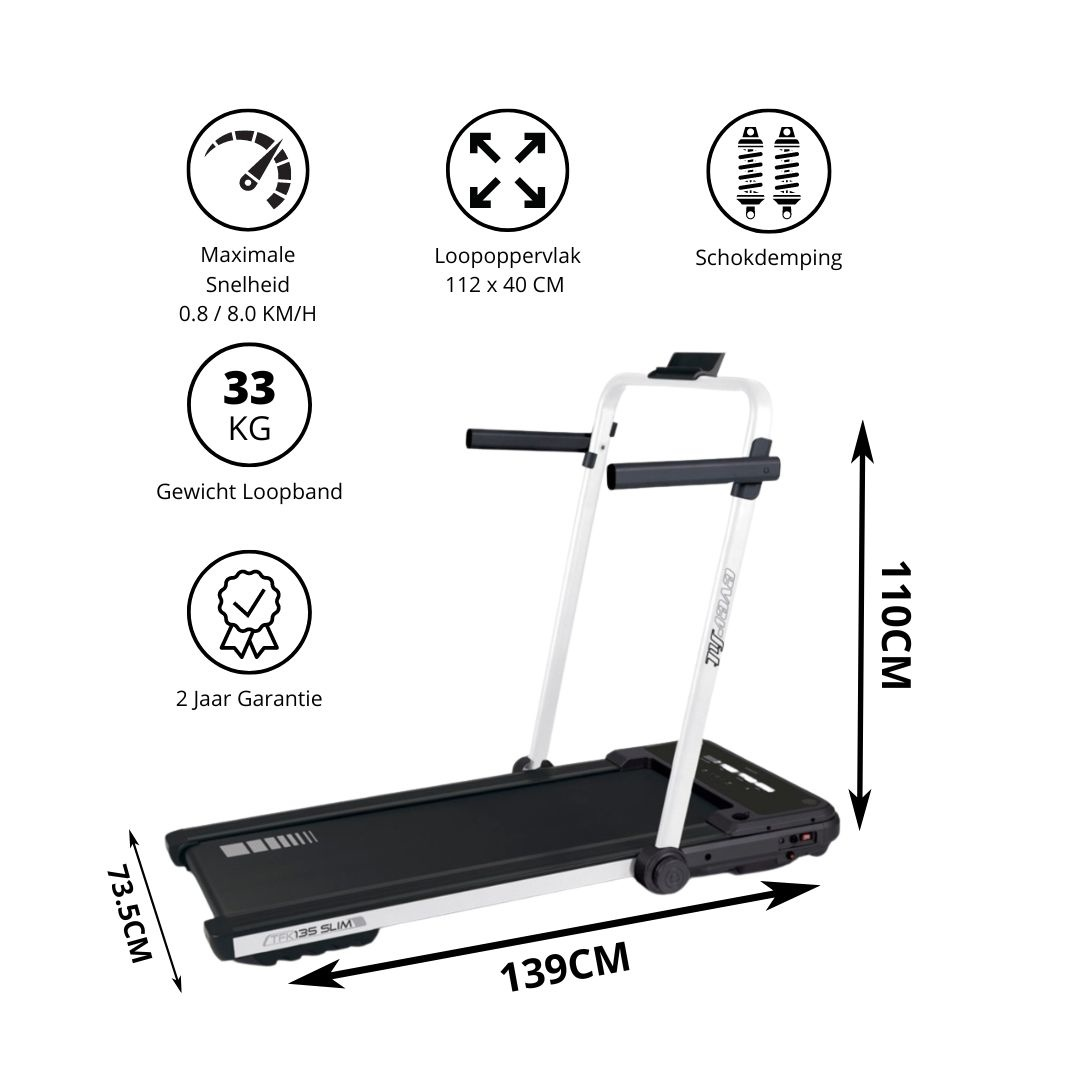 Tapis roulant avec spécifications: vitesse max 8,0 KM/H, poids 33 KG, hauteur 110CM, longueur 139CM, largeur 73,5CM.