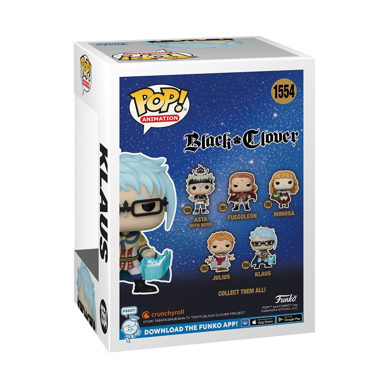 Scatola con personaggi dell'anime Black Clover. Klaus è presente, con testo e altri personaggi visibili.