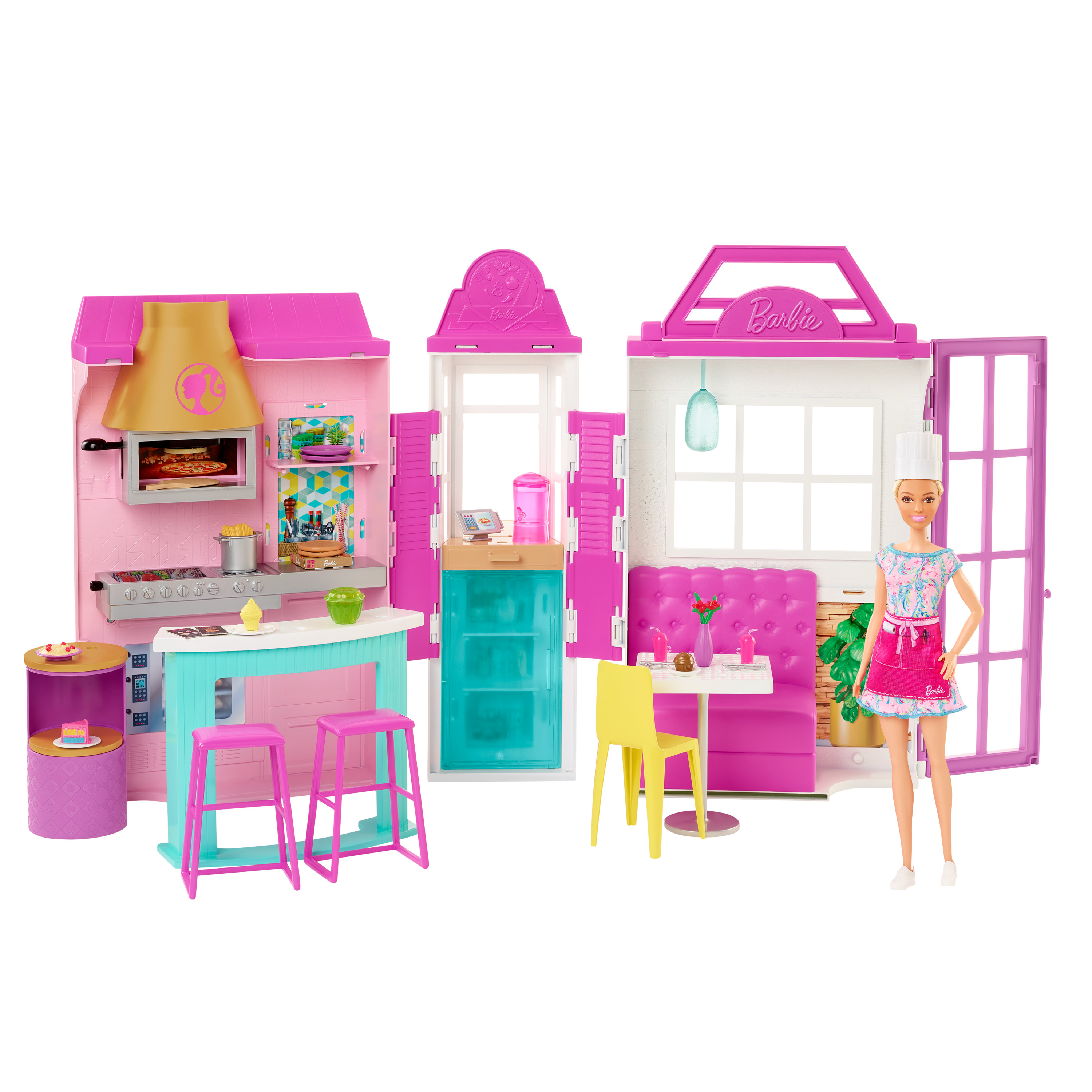Una bambola Barbie in un playset ristorante. Include pareti rosa, cucina, posti a sedere e una bambola.