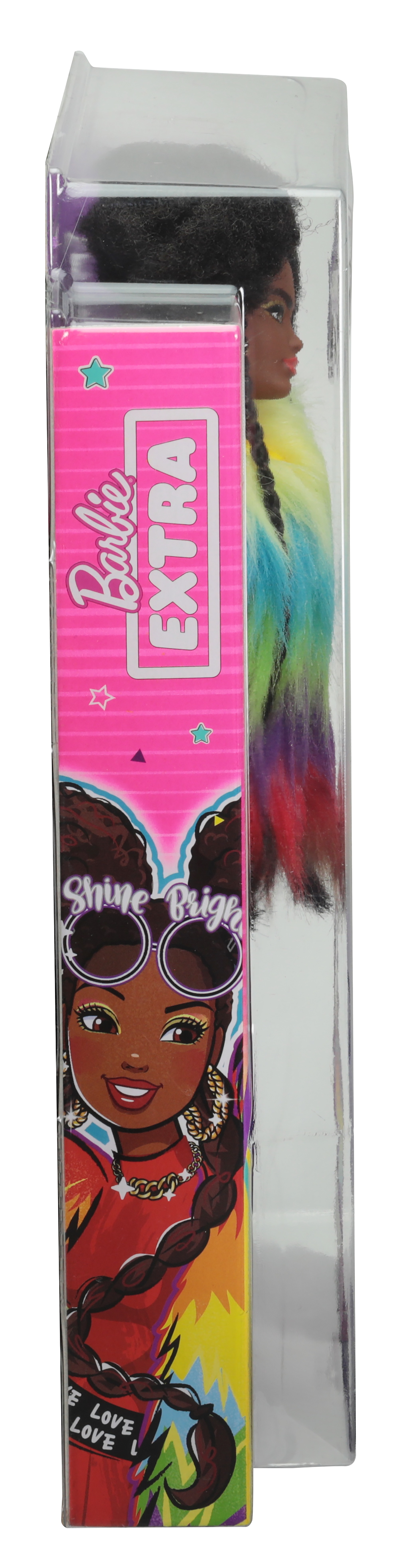 Barbie Extra Puppe in der Box. Die Box zeigt eine schwarze Puppe mit bunten Haaren. Es ist eine Seitenansicht.