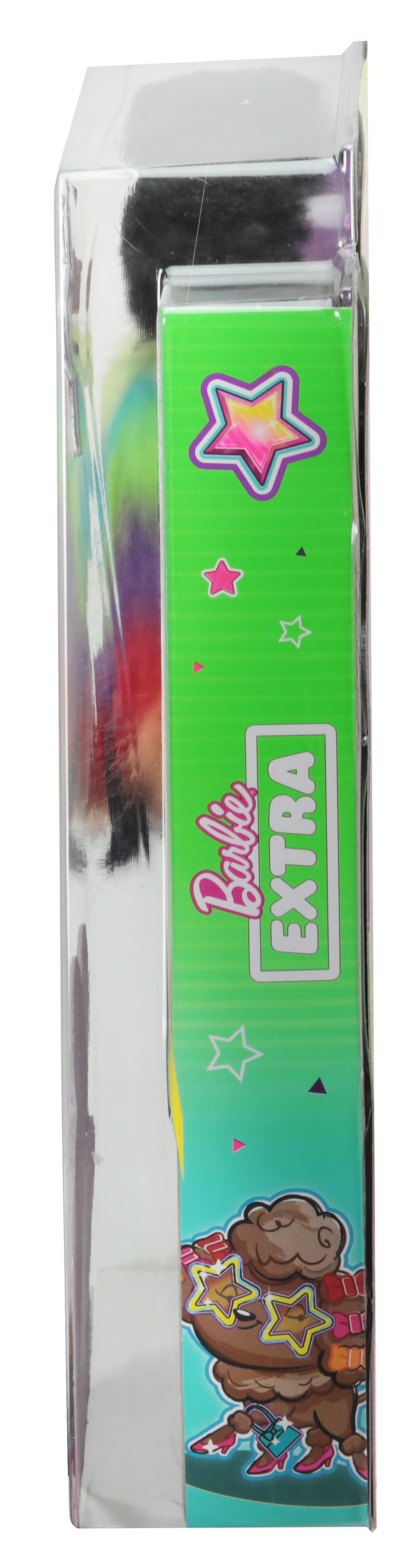 Die Seite einer Barbie Extra Puppenbox. Sie ist grün mit einem Stern und einer Comicfigur darauf.