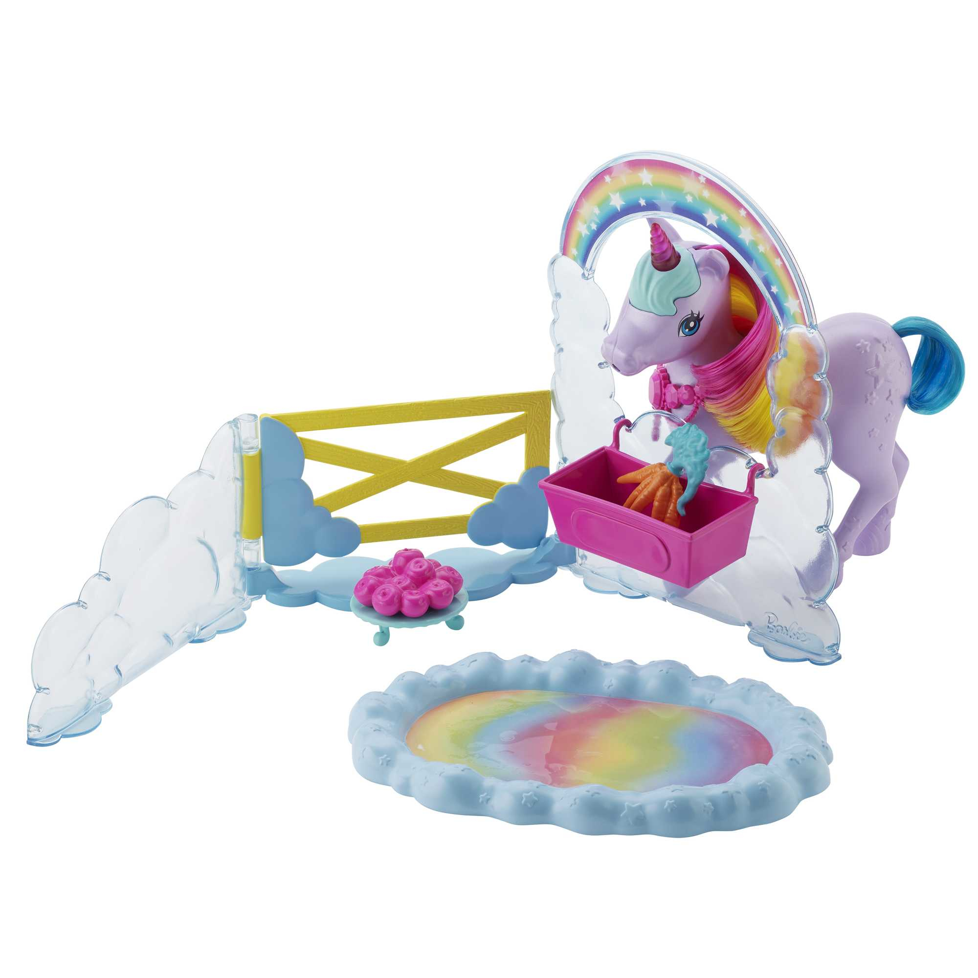 Zestaw zabawek z jednorożcem, tęczą i innymi zabawkami. Tło jest białe.