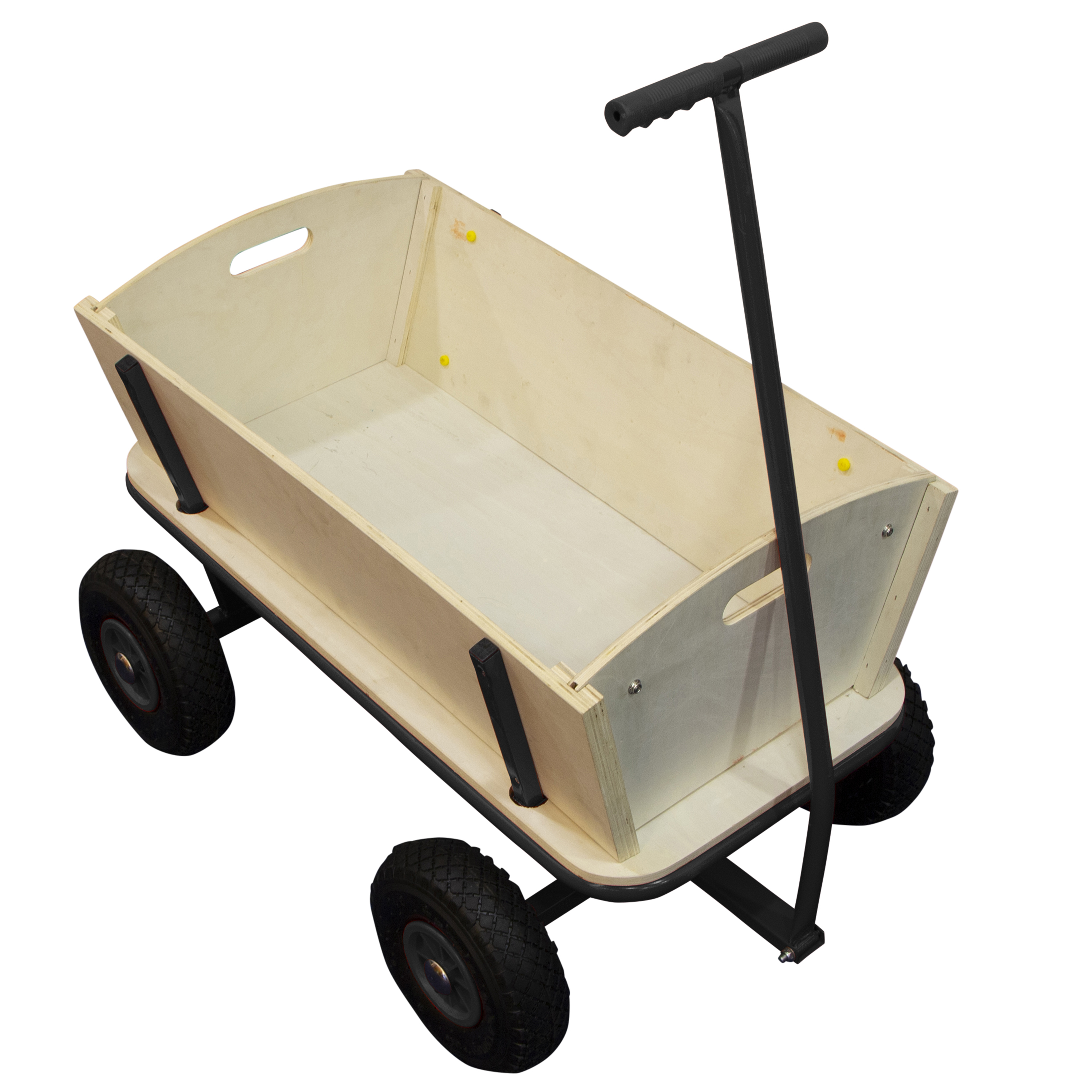 Holzwagen auf vier Rädern mit schwarzem Griff, von oben gesehen, auf weißem Hintergrund.